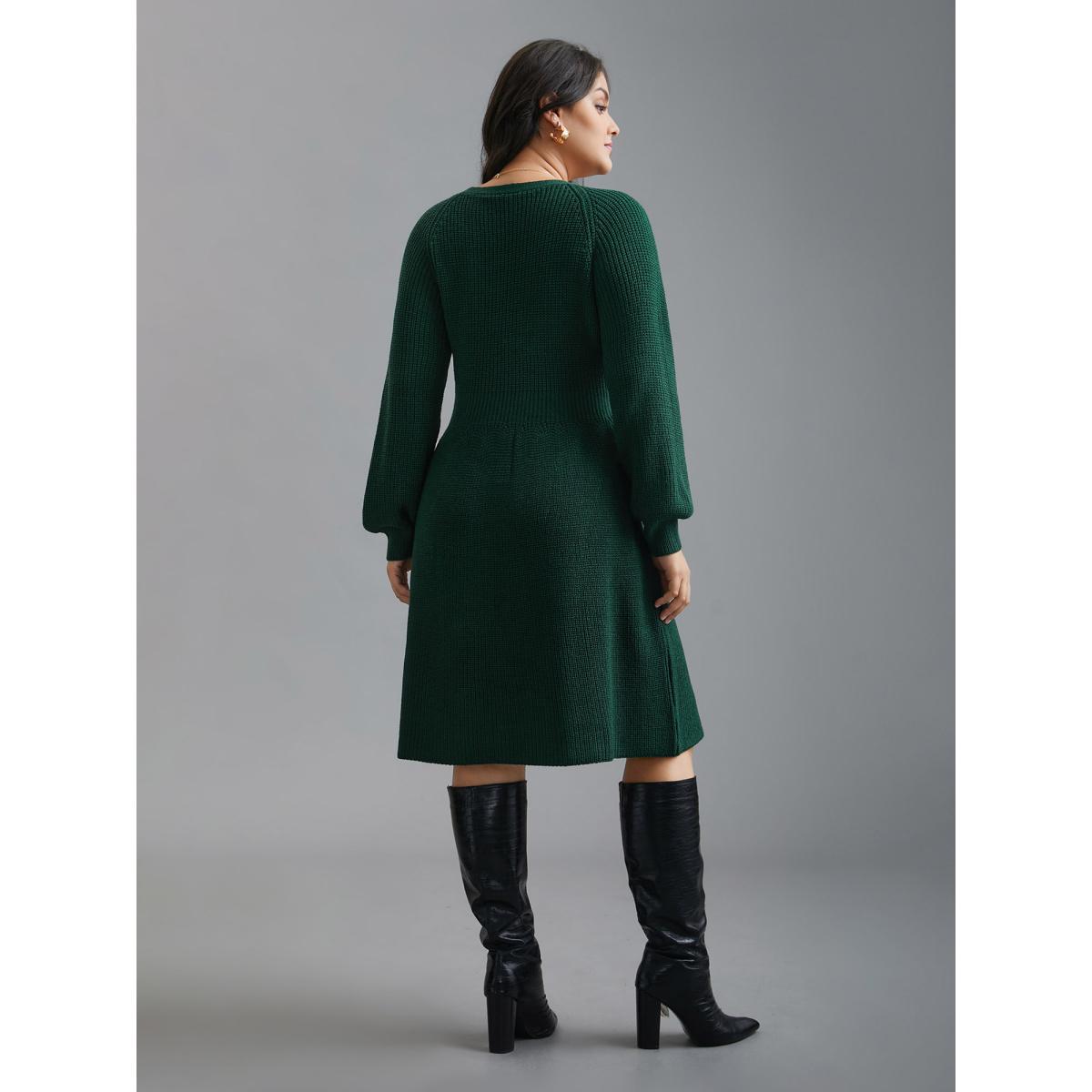 Plus Size Raglan Sleeve Textured Button Detailing Dress DarkGreen Women Elegant Bodycon Long Sleeve Everyday Sweater Dresses BloomChic 10/M Product Image