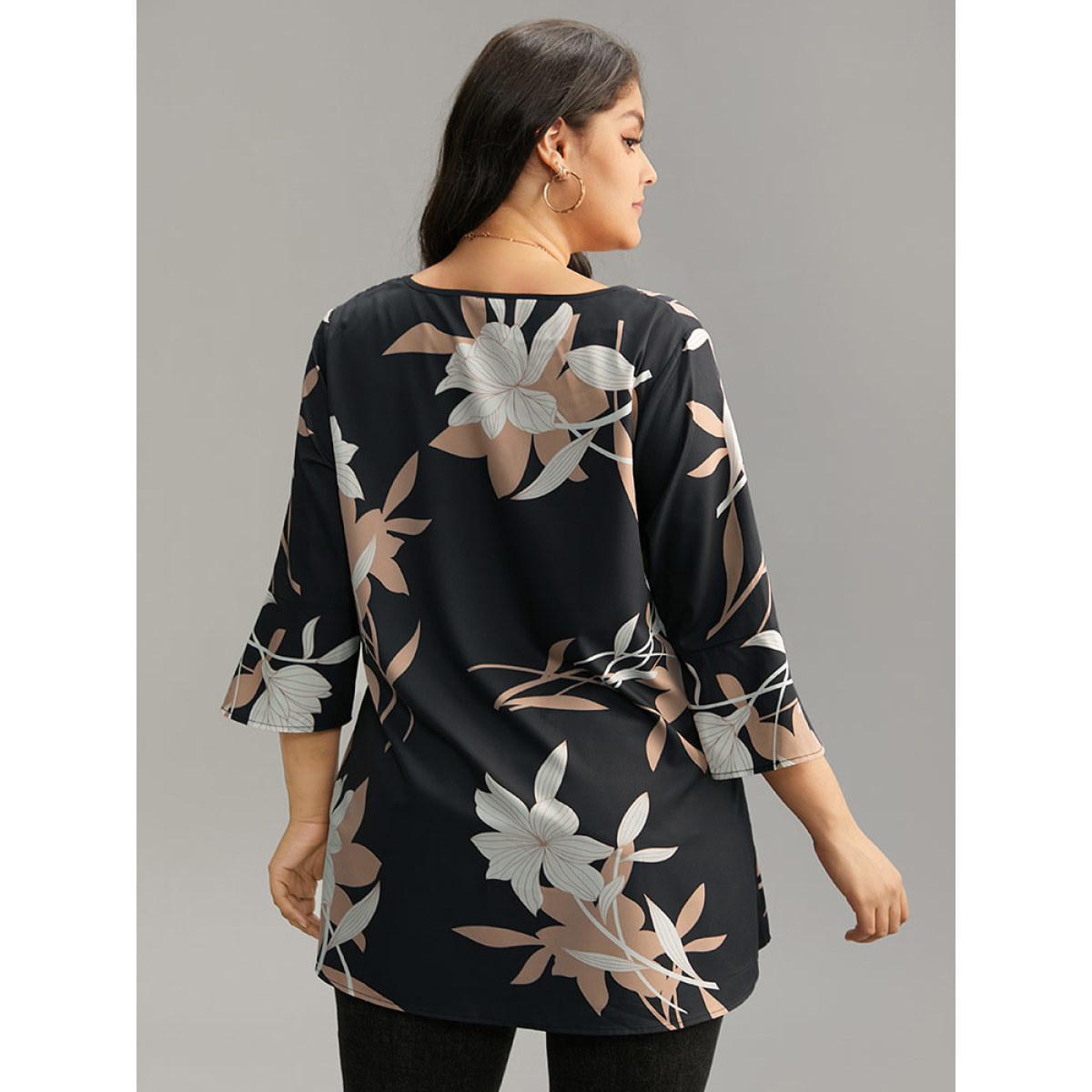 Plus Size Black Floral Print Bell Sleeve Asymmetrical Hem Blouse Women Elegant Elbow-length sleeve V-neck Dailywear Blouses BloomChic 12/L Product Image