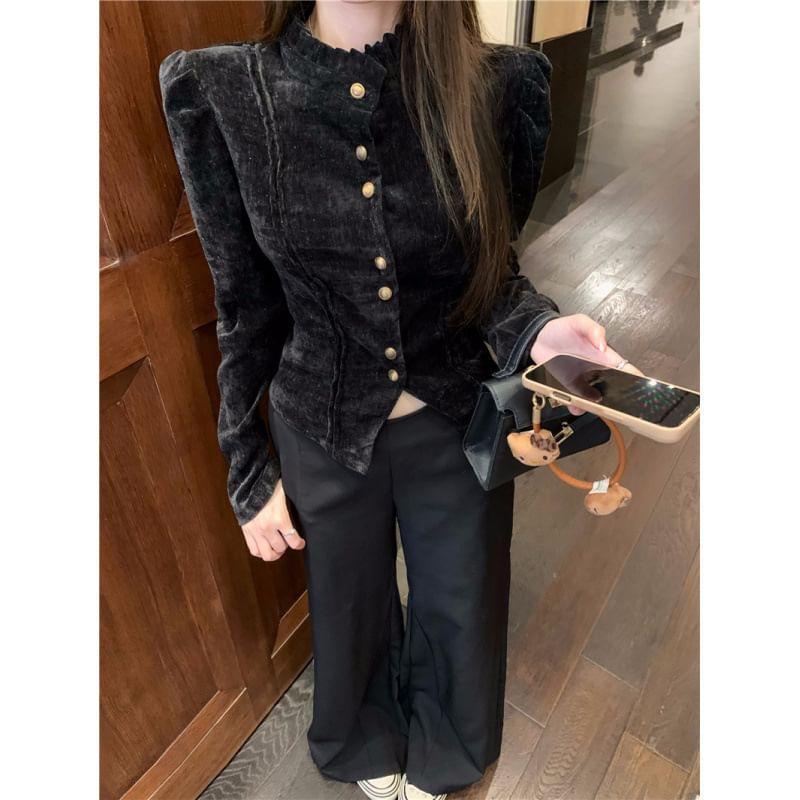 Puff-Sleeve High Neck Button-Up Velvet Blouse Product Image