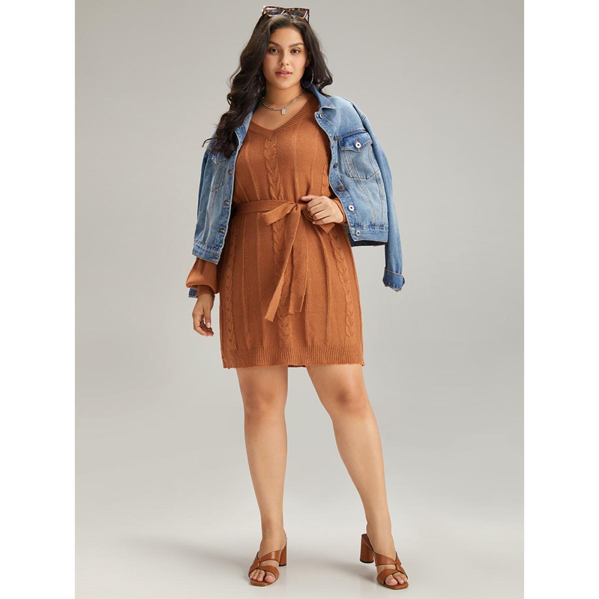 Plus Size Cable Knit Belted Lantern Sleeve Sweater Dress Chocolate Women Casual Loose Long Sleeve Dailywear Sweater Dresses BloomChic 12/L Product Image