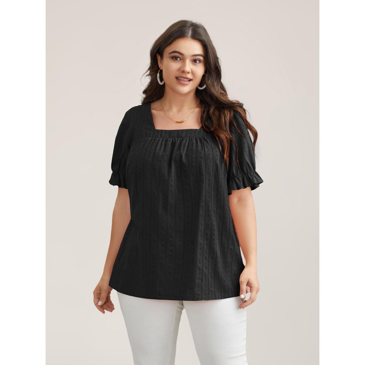 Plus Size Black Cotton Square Neck Ruffled Sleeve Shirt Women Elegant Short sleeve Square Neck Everyday Blouses BloomChic 12/L Product Image