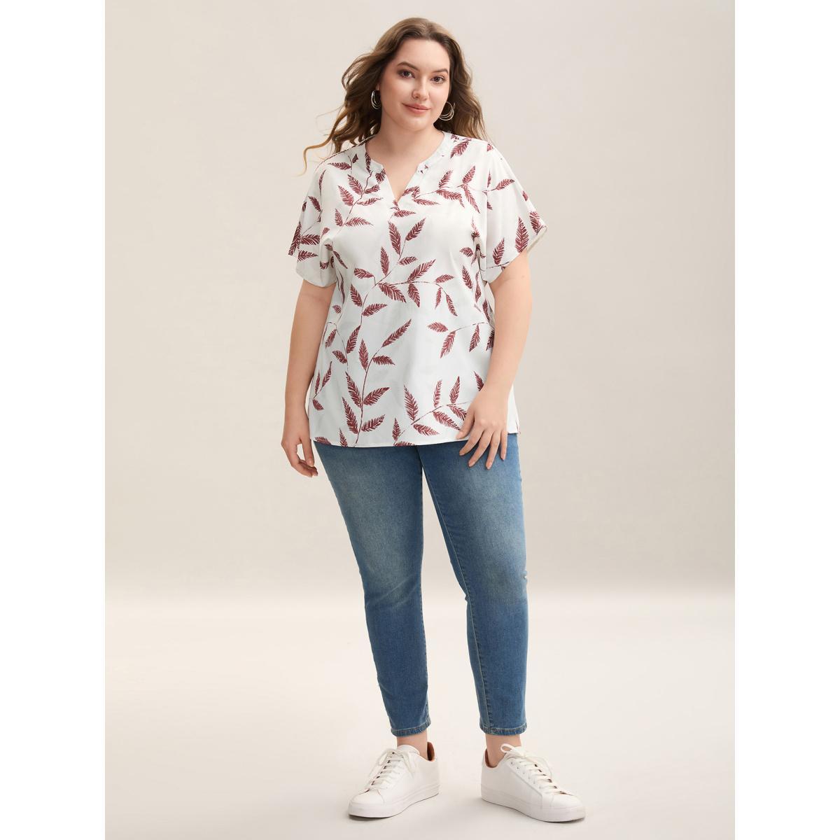 Plus Size WhiteSmoke Leaf Print Notched Collar Blouse Women Casual Short sleeve Flat collar with V-notch Everyday Blouses BloomChic 12/L Product Image