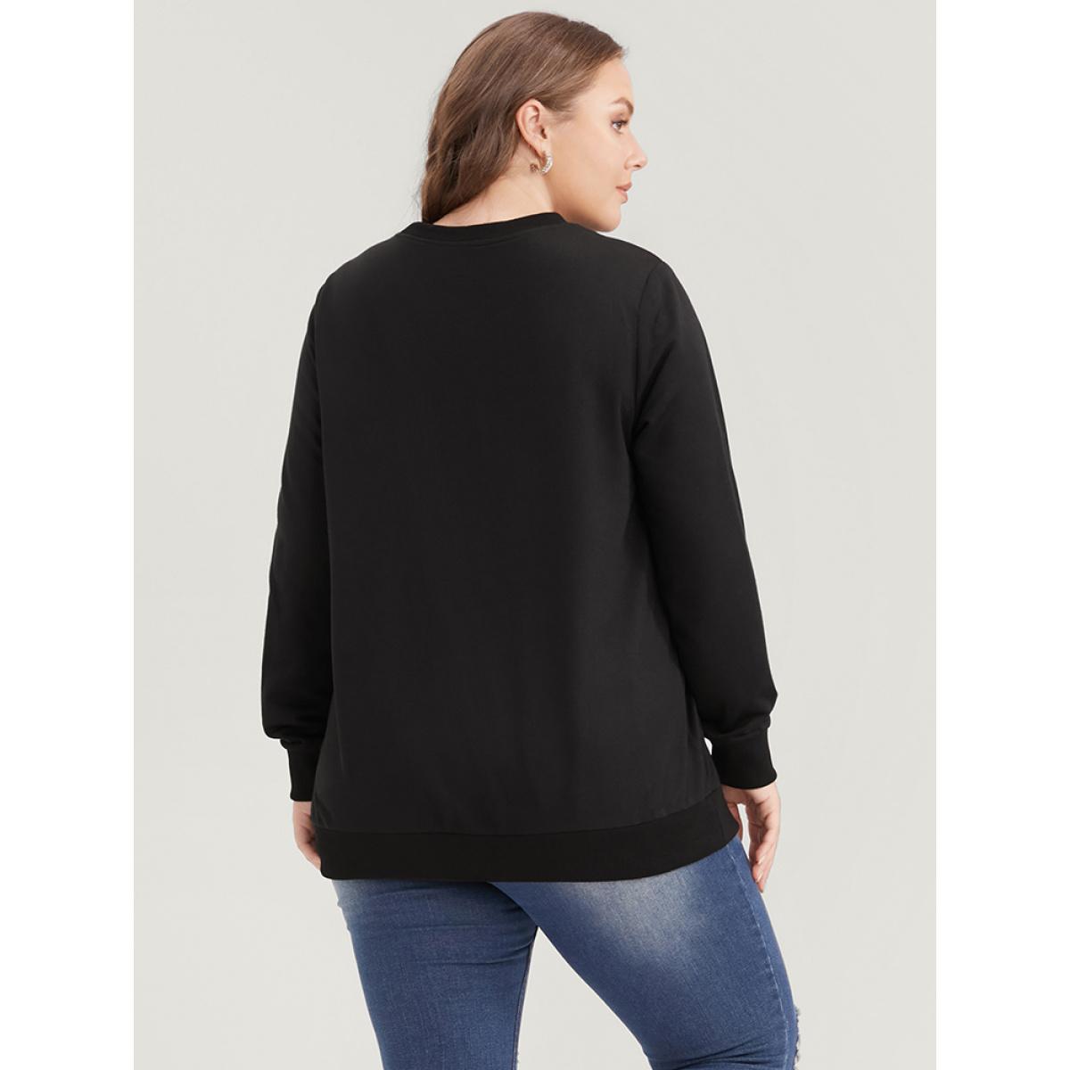 Plus Size Leopard Patchwork Round Neck Drop Shoulder Sweatshirt Women Black Casual Patchwork Round Neck Dailywear Sweatshirts BloomChic 26/4X Product Image
