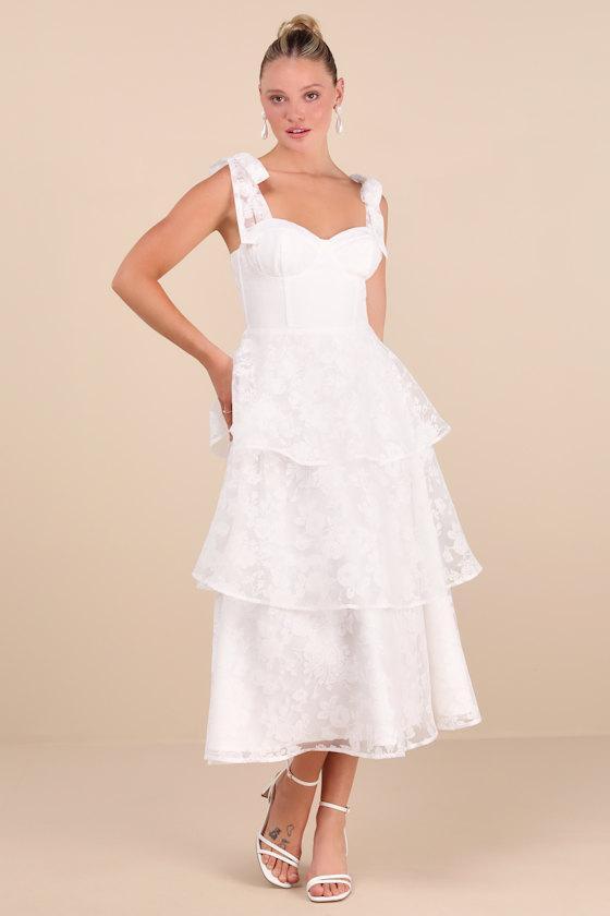 Glamorous Sweetie White Burnout Tie-Strap Bustier Midi Dress Product Image