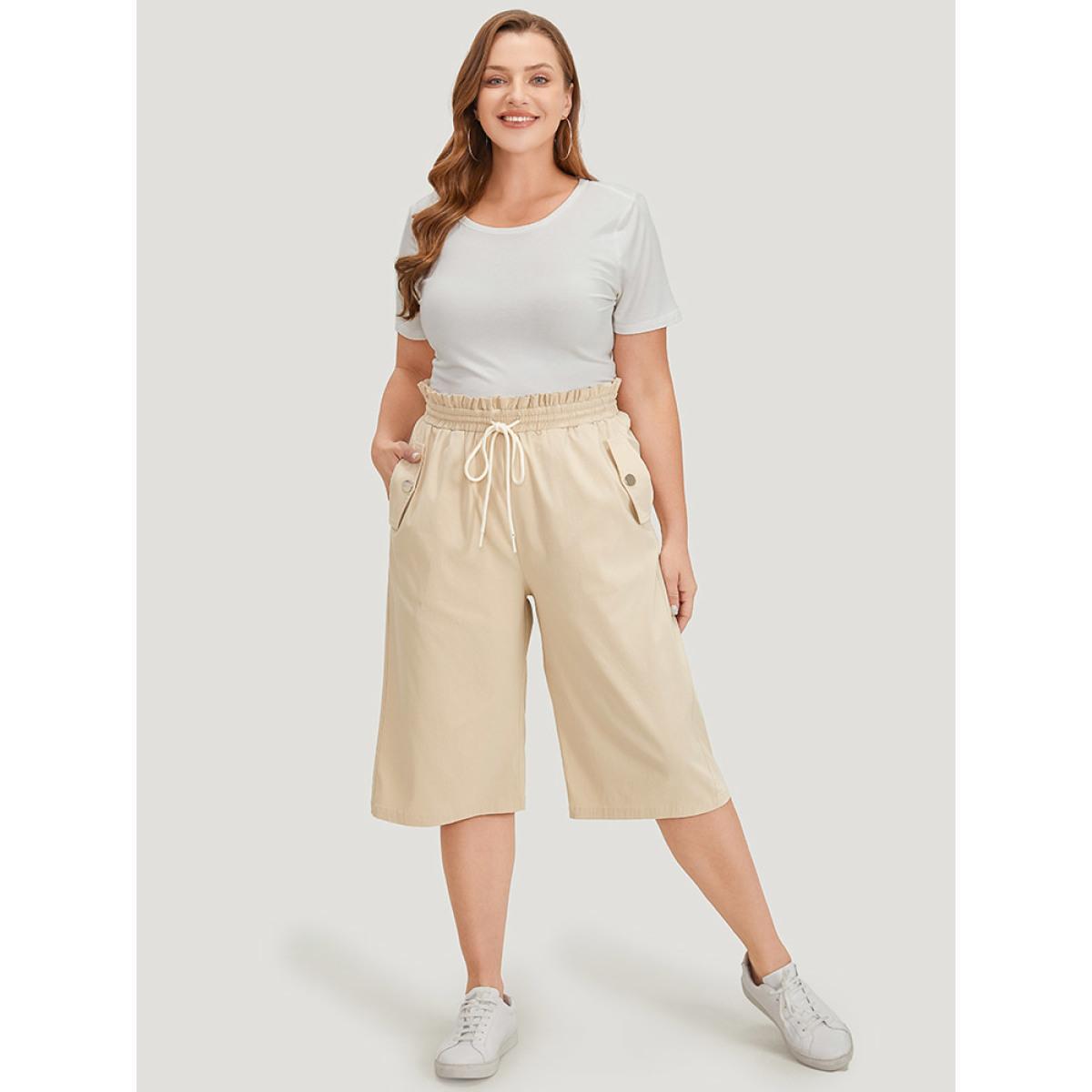 Plus Size Solid Drawstring Button Detail Pocket Paperbag Waist Pants Women Apricot Casual High Rise Dailywear Pants BloomChic 28/5X Product Image