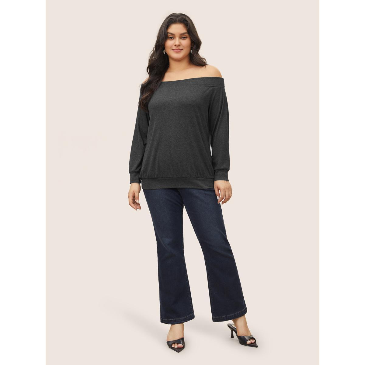 Plus Size Solid Heather Off Shoulder T-shirt DimGray Women Elegant Non Plain One-shoulder neck Everyday T-shirts BloomChic 22-24/3X Product Image