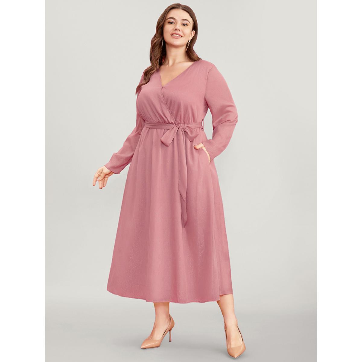 Plus Size Solid Pocket Belted Surplice Neck Midi Dress DustyPink Women Elegant Belted V-neck Long Sleeve Curvy Midi Dress BloomChic 22-24/3X Product Image