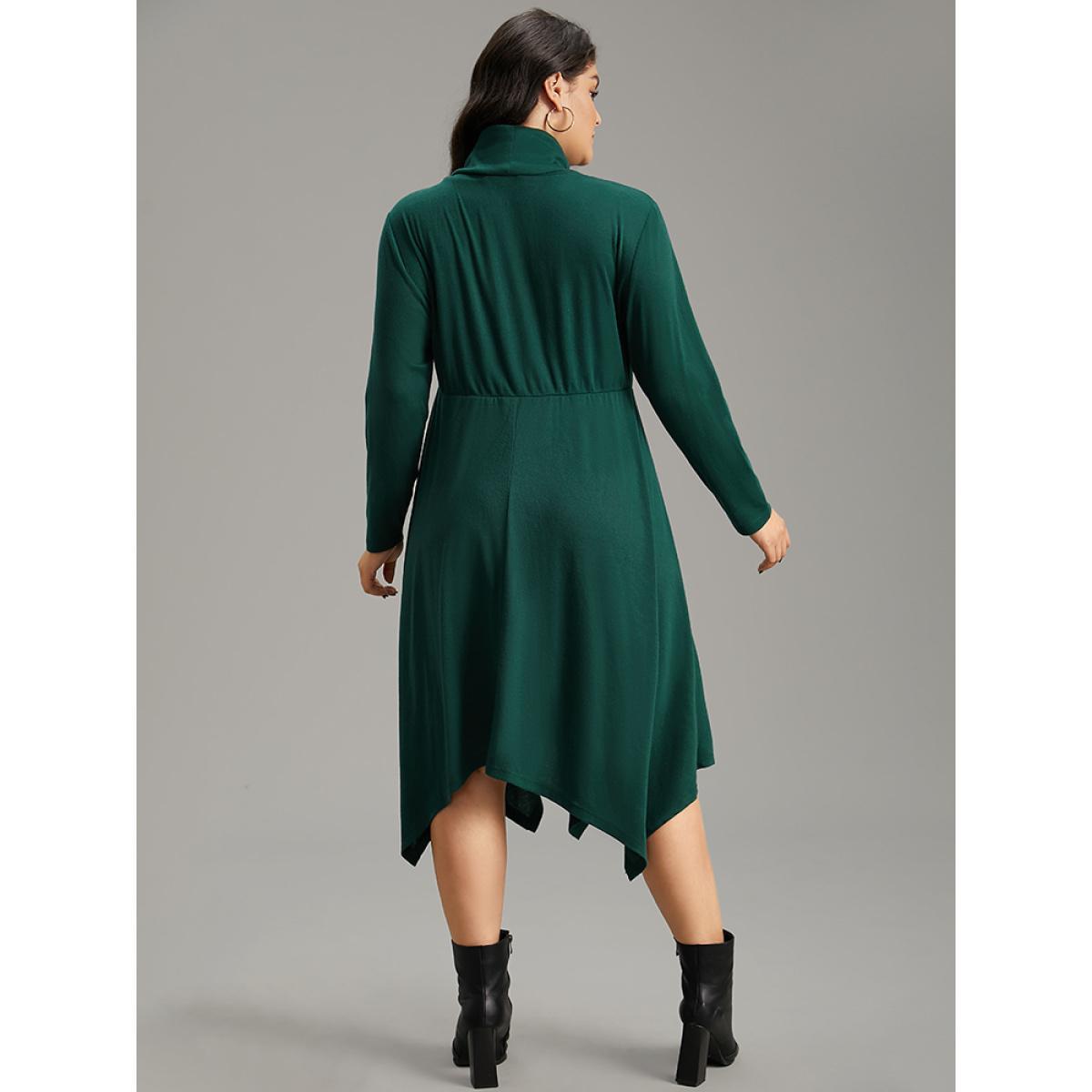 Plus Size Solid Turtleneck Hanky Hem Pocket Dress DarkGreen Women Casual Plain Turtleneck Long Sleeve Curvy Midi Dress BloomChic 18-20/2X Product Image