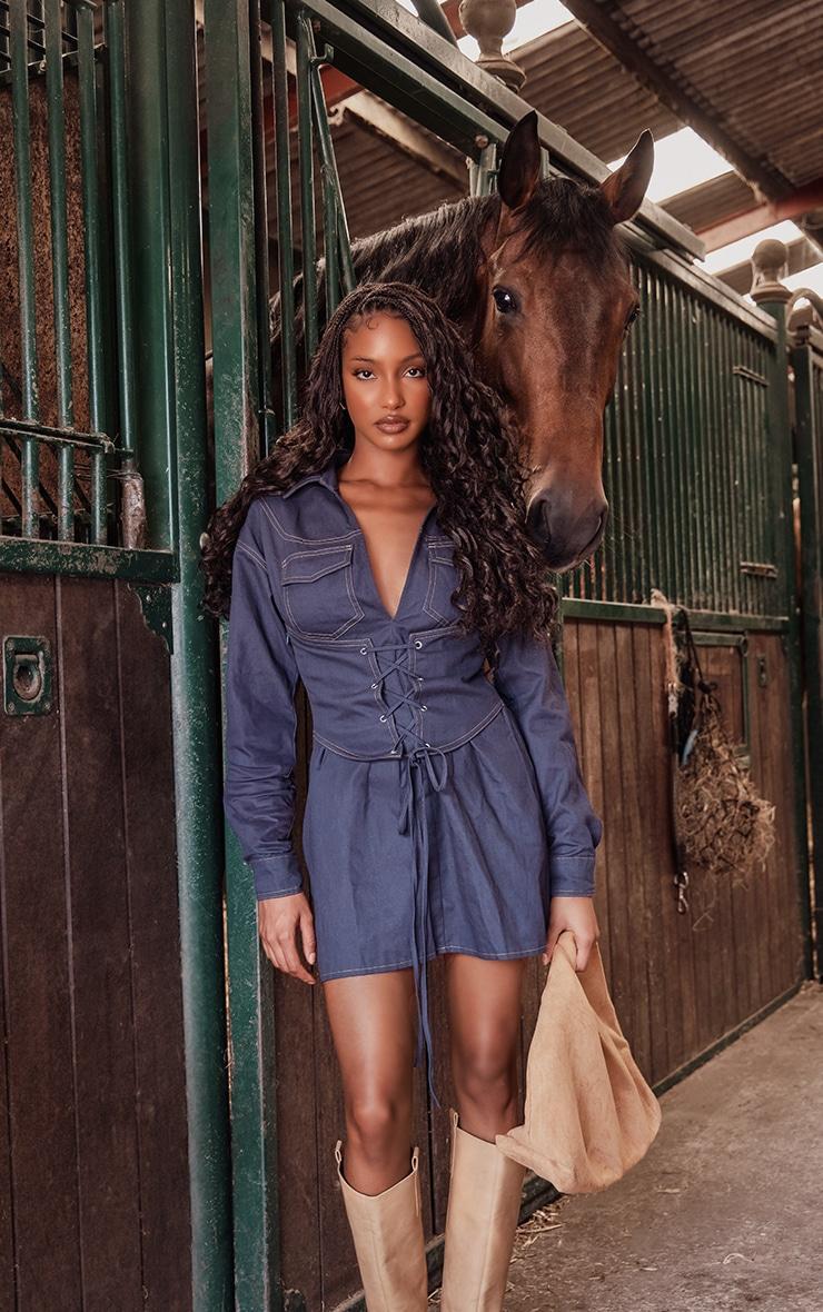 Dark Blue Contrast Stitch Denim Look Corset Shirt Dress Product Image