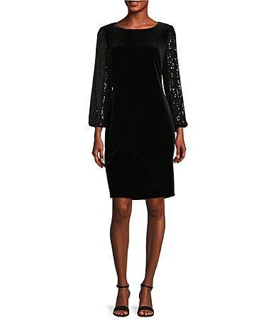 Alex Evenings Short Sheath Dress w/ Long Sequin Bubble Hem Sleeves Women's Dress Product Image