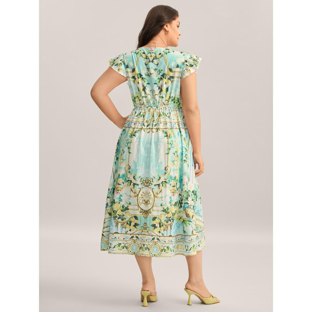 Plus Size Breezy Print Surplice Neck Ruffled Midi Dress Malachitegreen Women Overlap Collar Cap Sleeve Curvy BloomChic 14-16/1X Product Image