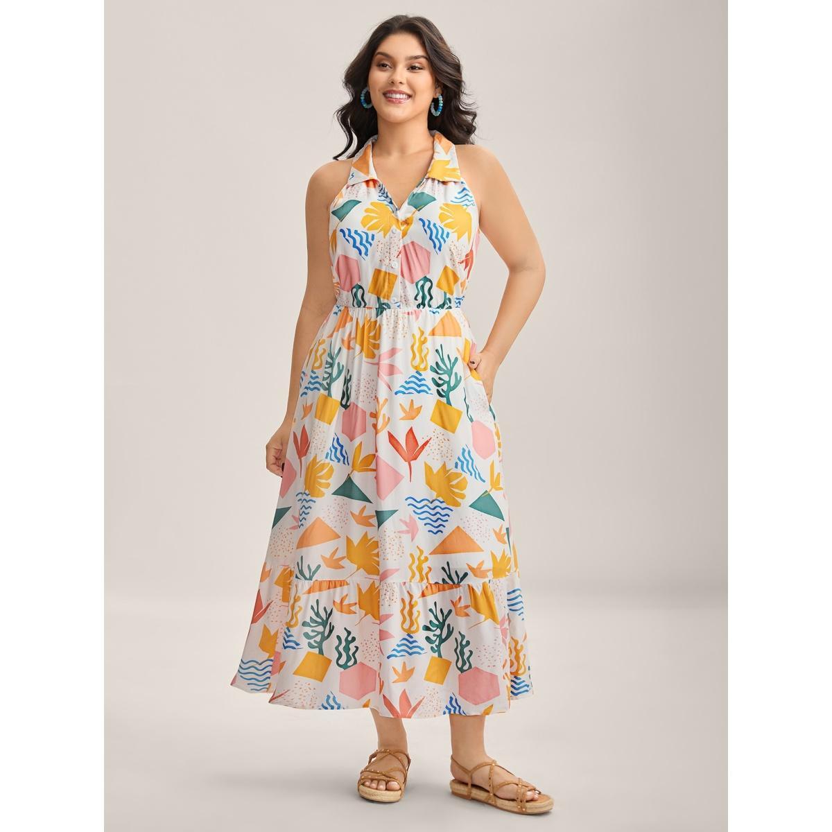 Plus Size All About Sea Stretchy Waist Midi Dress Multicolor Women Shirt collar Sleeveless Curvy BloomChic 30/6X Product Image
