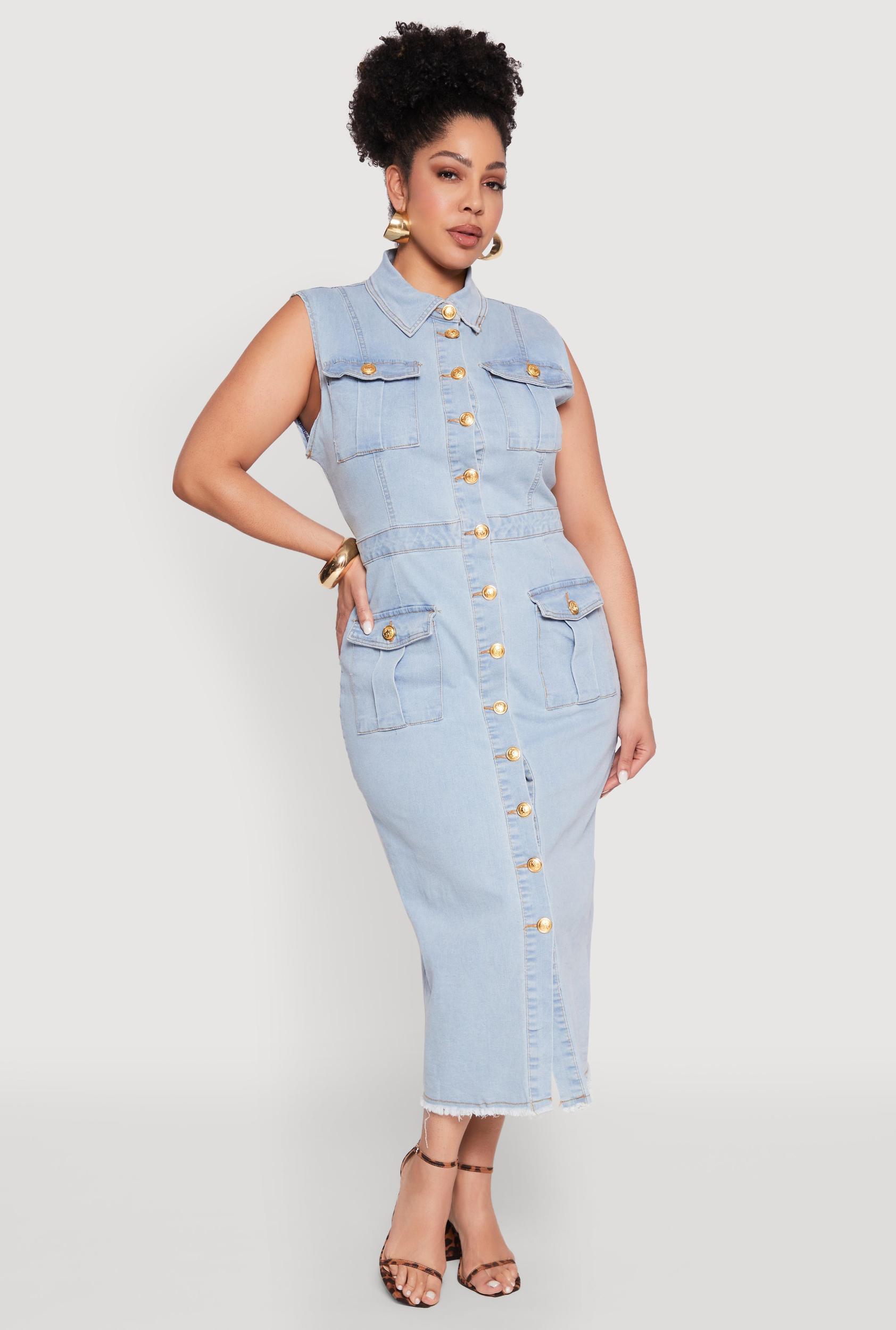Womens Plus Size Daisy Denim Sleeveless Utility Maxi Dress Product Image