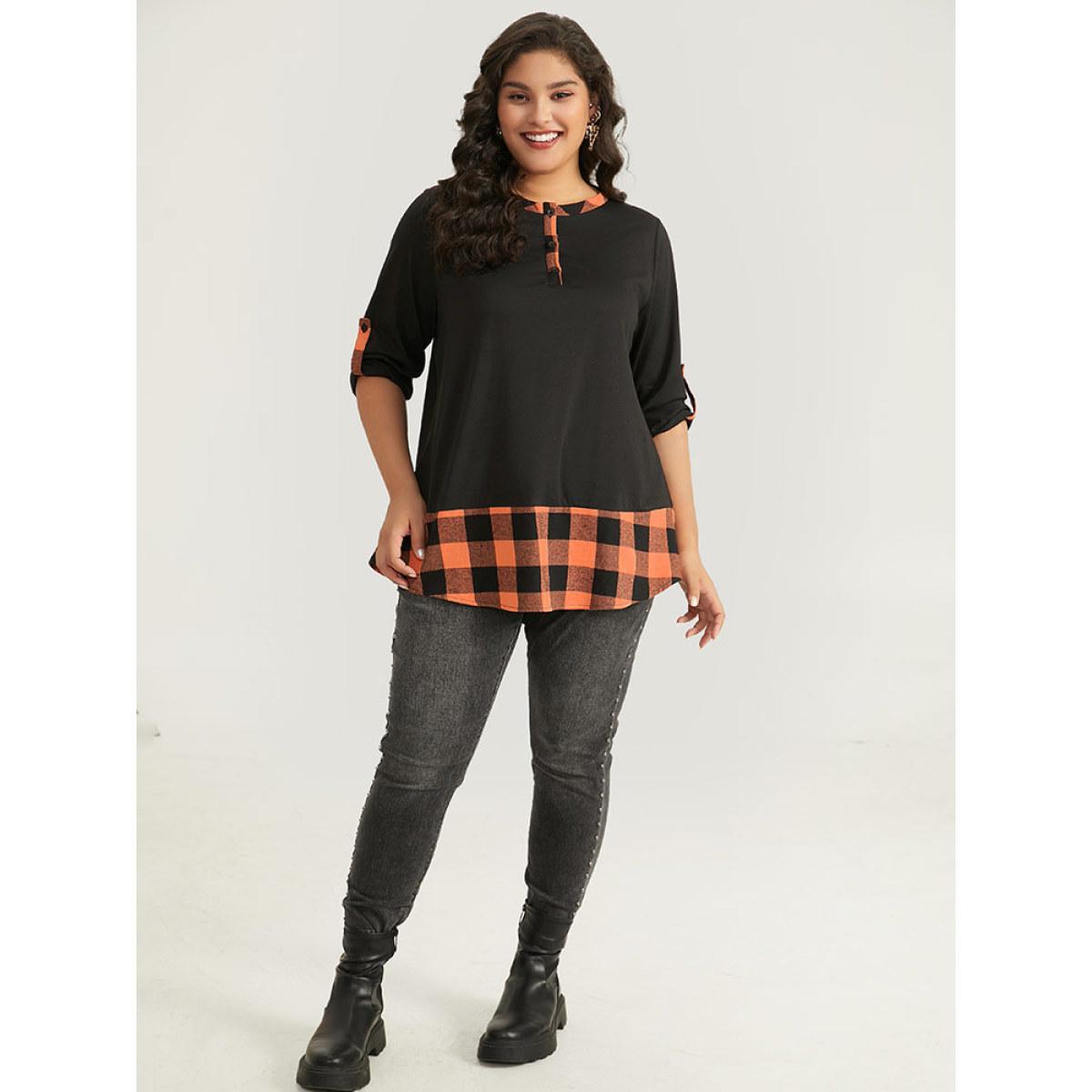 Plus Size Halloween Gingham Patchwork Notched Button Up Arc Hem T-shirt Black Women Casual Contrast Plaid Round Neck Festival-Halloween T-shirts BloomChic 28/5X Product Image