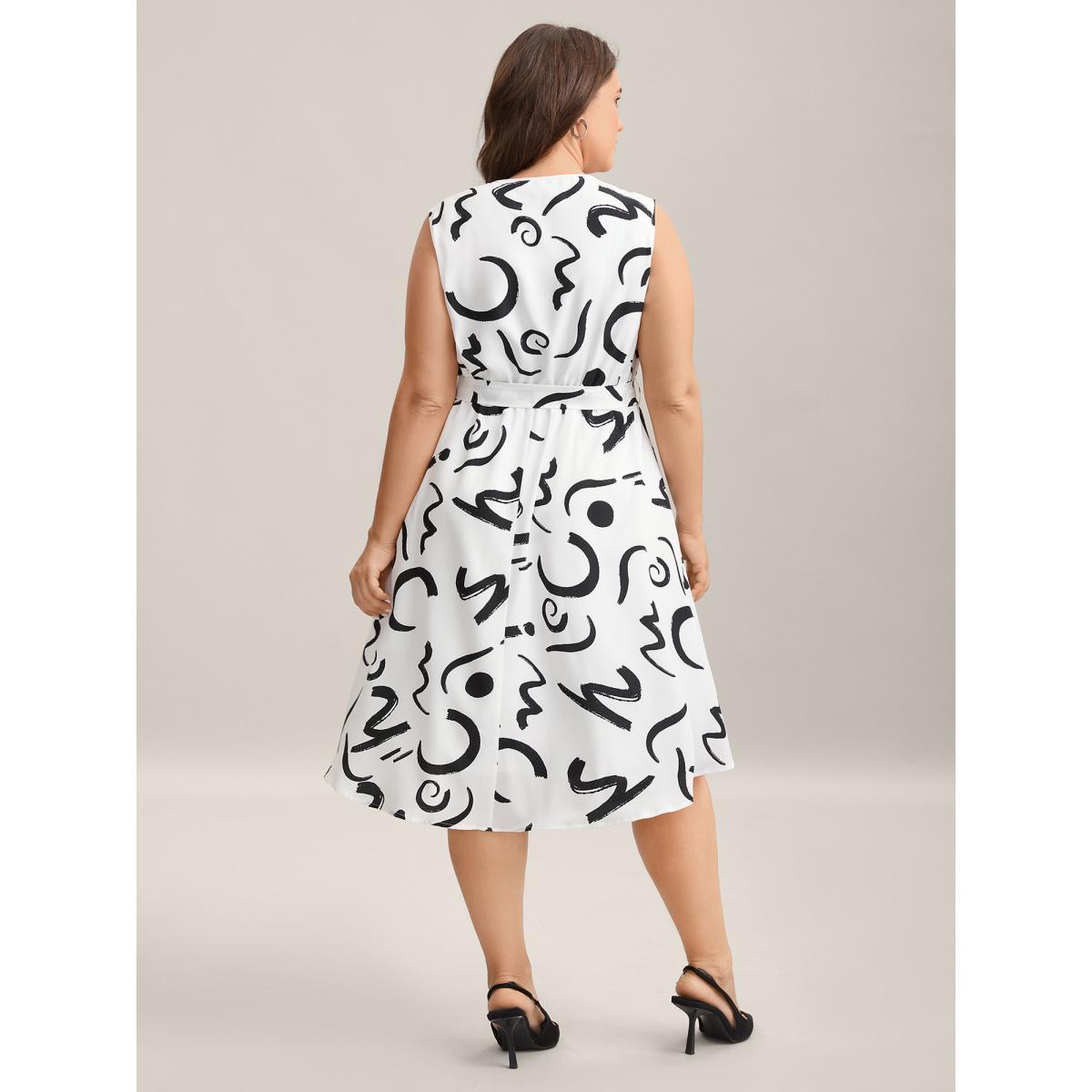 Plus Size Scribble Print Belted Zipper Midi Dress Originalwhite Women V-neck Sleeveless Curvy BloomChic 12/L Product Image
