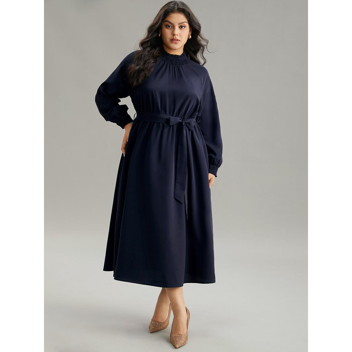 Plus Size Anti-Wrinkle Plain Shirred Mock Neck Belted Dress DarkBlue Women Elegant Elastic cuffs Mock Neck Long Sleeve Curvy Midi Dress BloomChic 18-20/2X Product Image