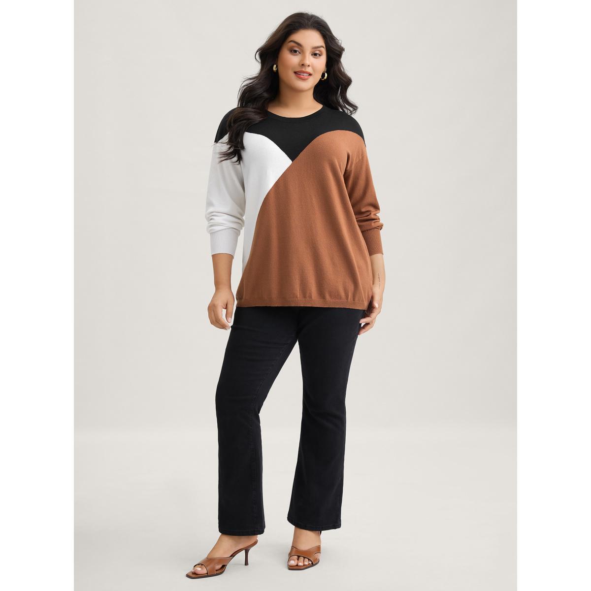 Plus Size Supersoft Essentials Colorblock Contrast Pullover Browncoffeecolor Women Casual Long Sleeve Round Neck Everyday Pullovers BloomChic 30/6X Product Image