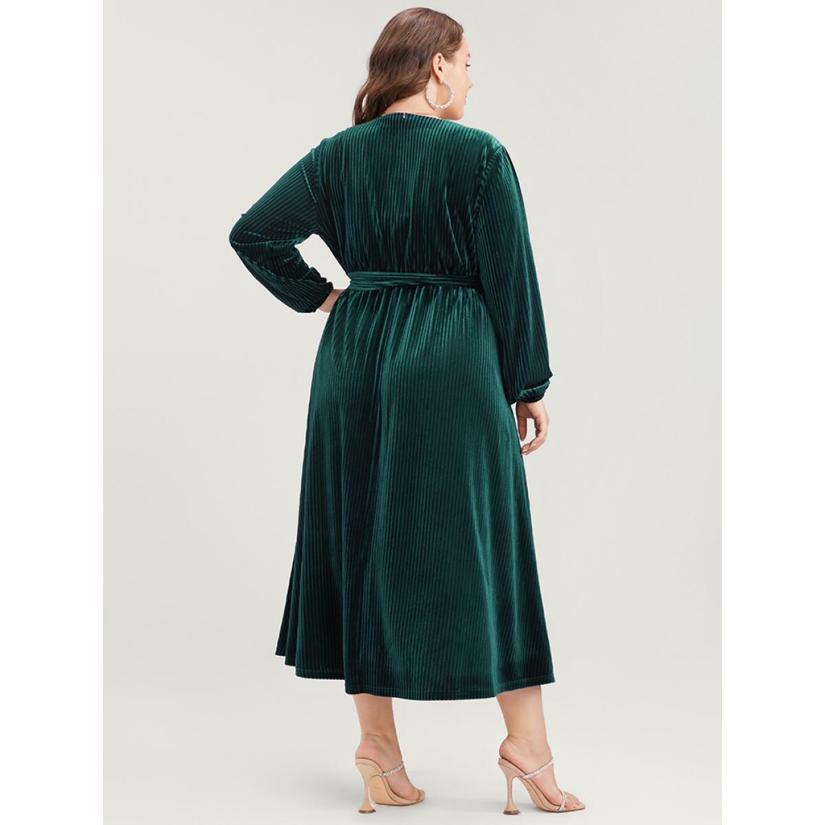 Plus Size Striped Velvet Pocket Lantern Sleeve Belted Wrap Dress DarkGreen Women Glamour Pocket V-neck Long Sleeve Curvy Midi Dress BloomChic 12/L Product Image