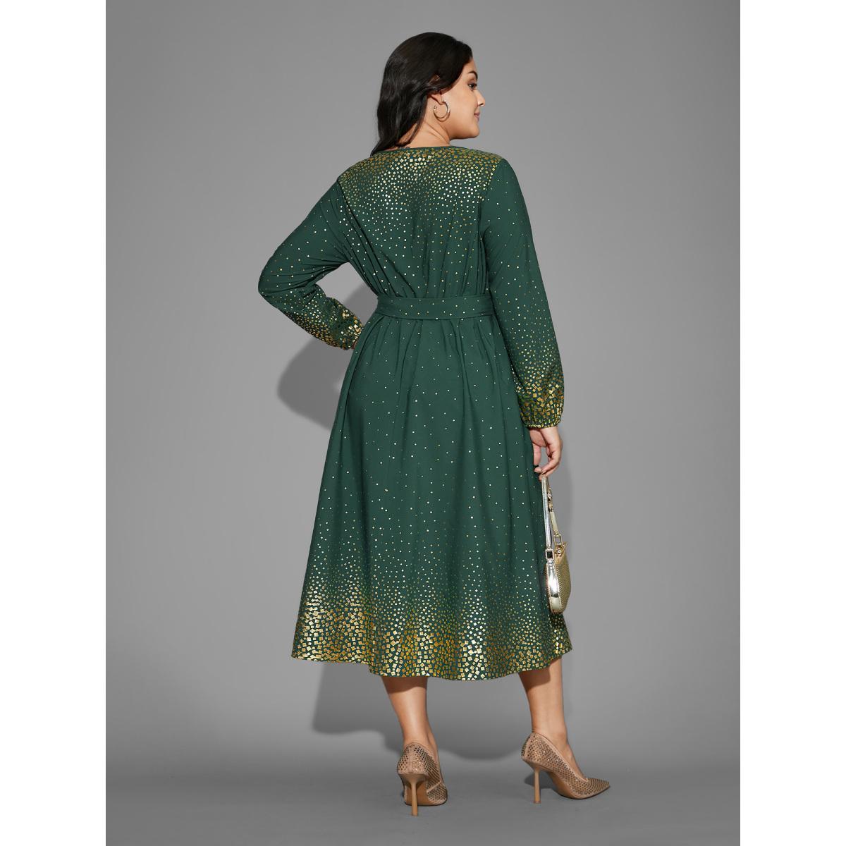 Plus Size Glitter Round Neck Belted Lantern Sleeve Dress DarkGreen Women Cocktail Texture Party Curvy Bloomchic 14-16/1X Product Image