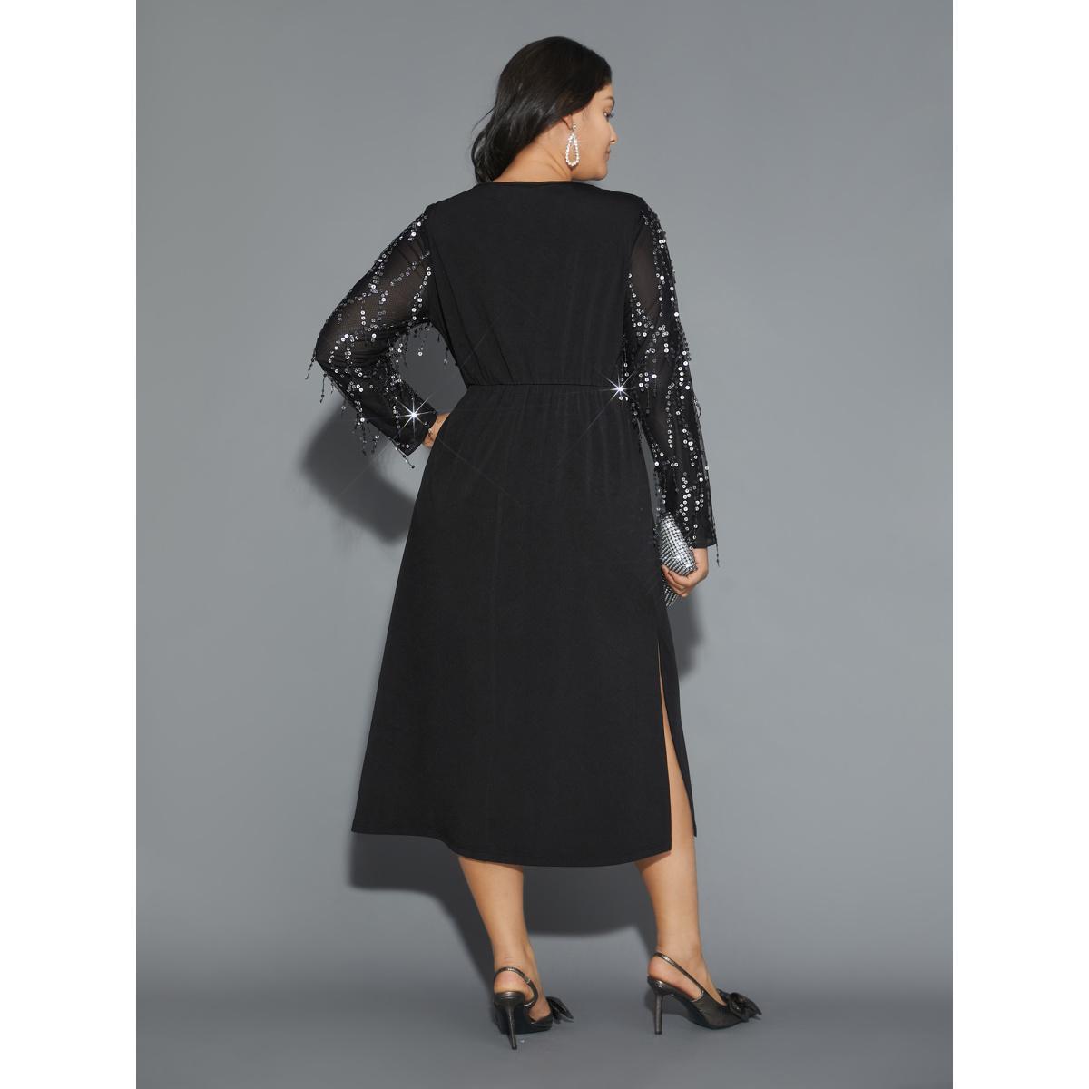 Plus Size Sequin Patchwork Mesh Split Hem Dress Black Women Cocktail Texture Round Neck Long Sleeve Curvy BloomChic 22-24/3X Product Image