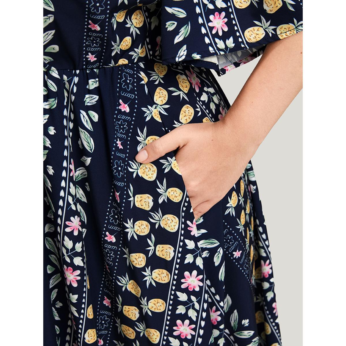 Plus Size Floral Striped Ruffles Split Pocket Wrap Maxi Dress DarkBlue Women Elegant Pocket V-neck Half Sleeve Curvy Long Dress BloomChic 26/4X Product Image
