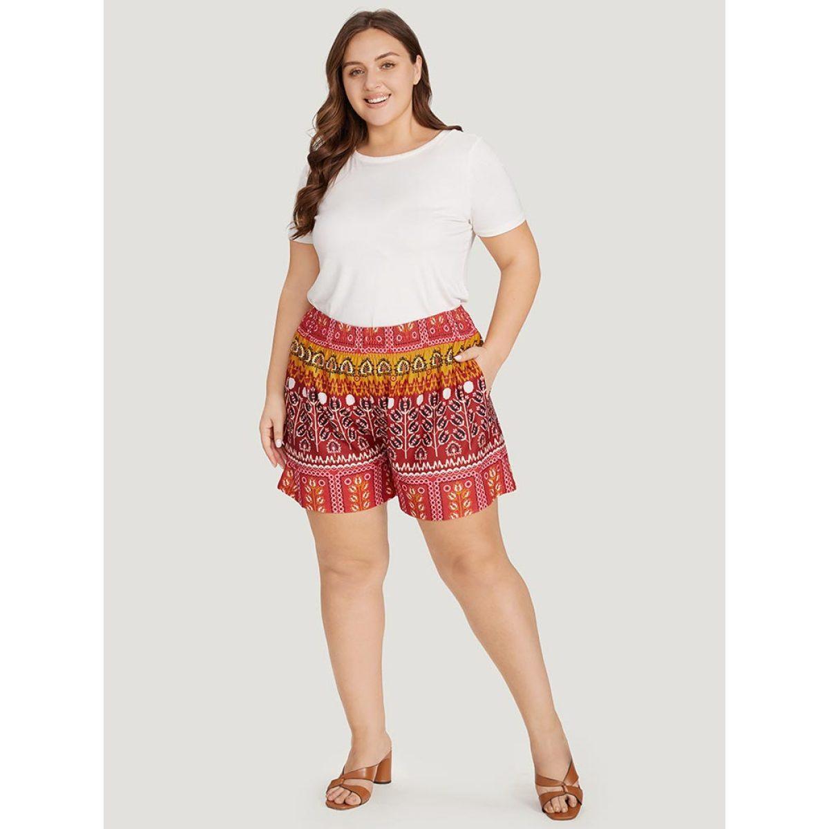 Plus Size Boho Print Pocket Elastic Waist Shorts Women Multicolor Vacation Shirred Dailywear Shorts BloomChic 30/6X Product Image