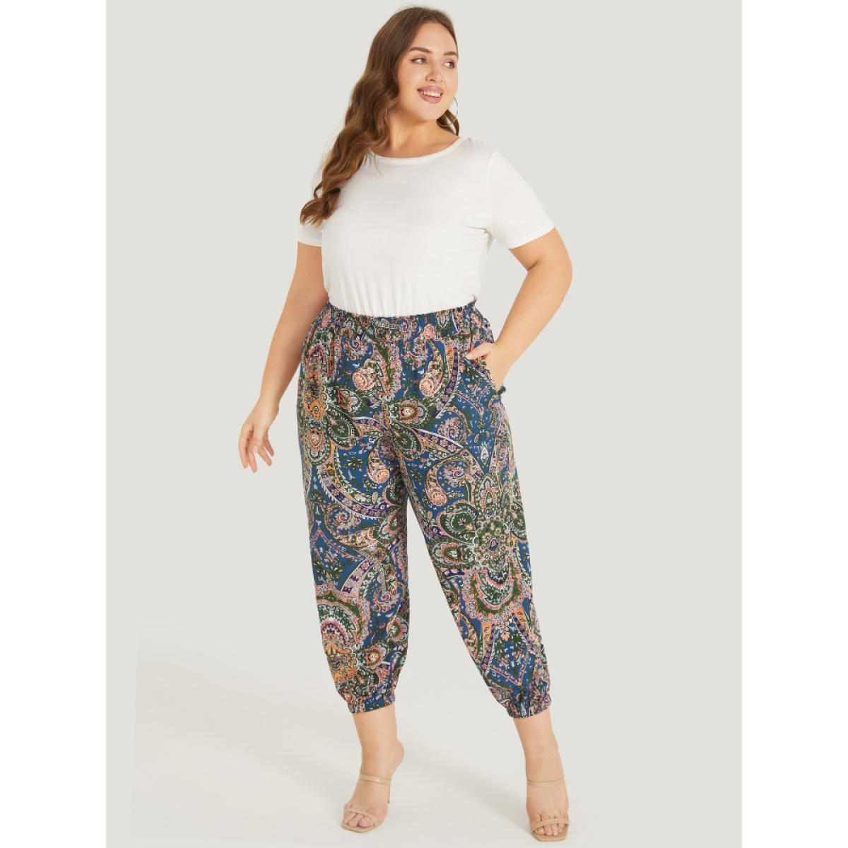 Plus Size Paisley Print Shirred Pocket Elastic Waist Pants Women Indigo Elegant High Rise Dailywear Pants BloomChic 18-20/2X Product Image