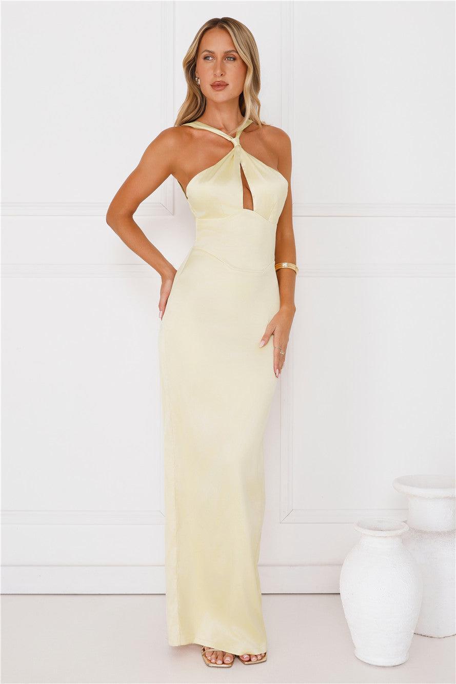 Diamond Elegance Satin Maxi Dress Yellow Product Image