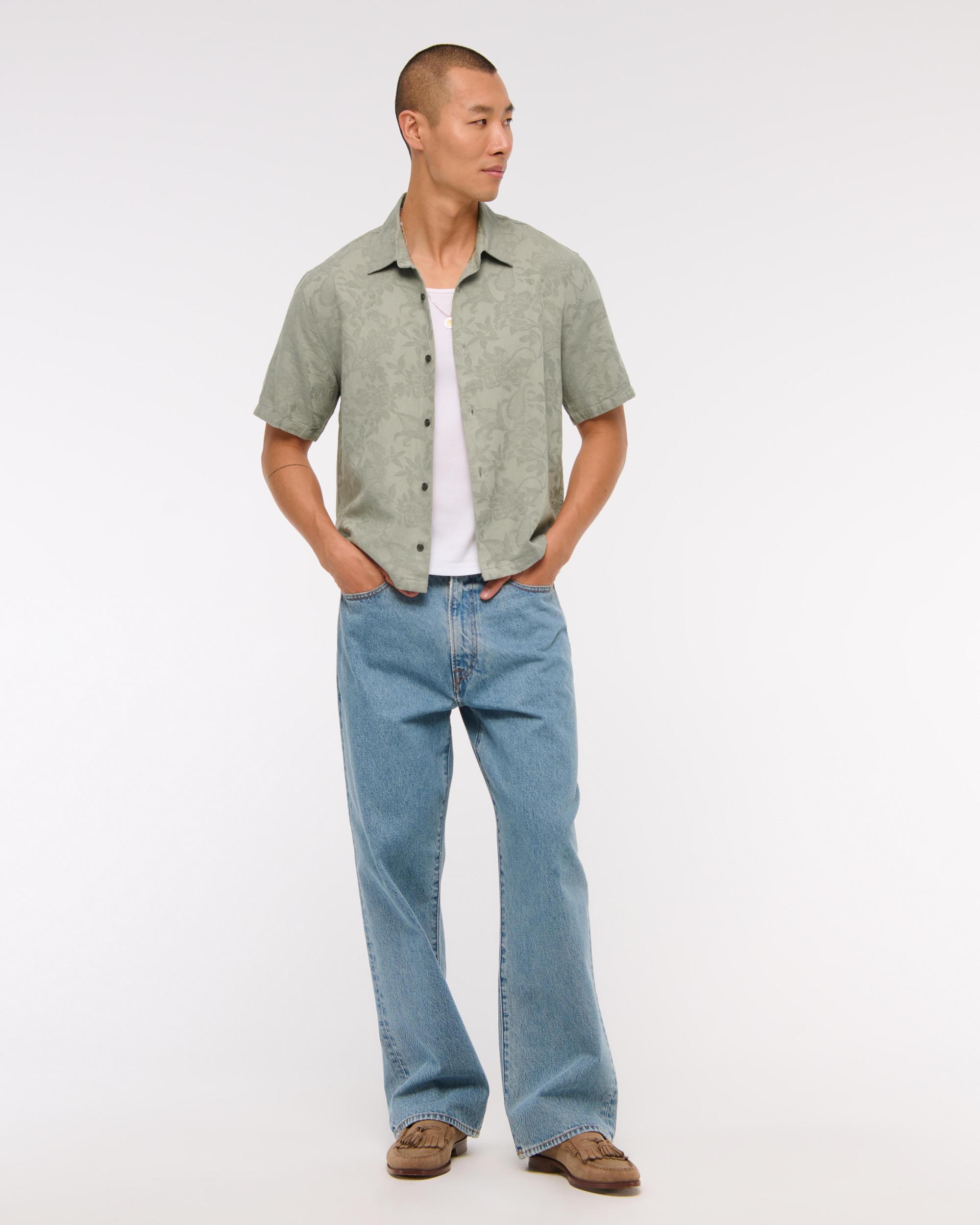 Short-Sleeve Cropped Jacquard Button-Up Shirt Product Image