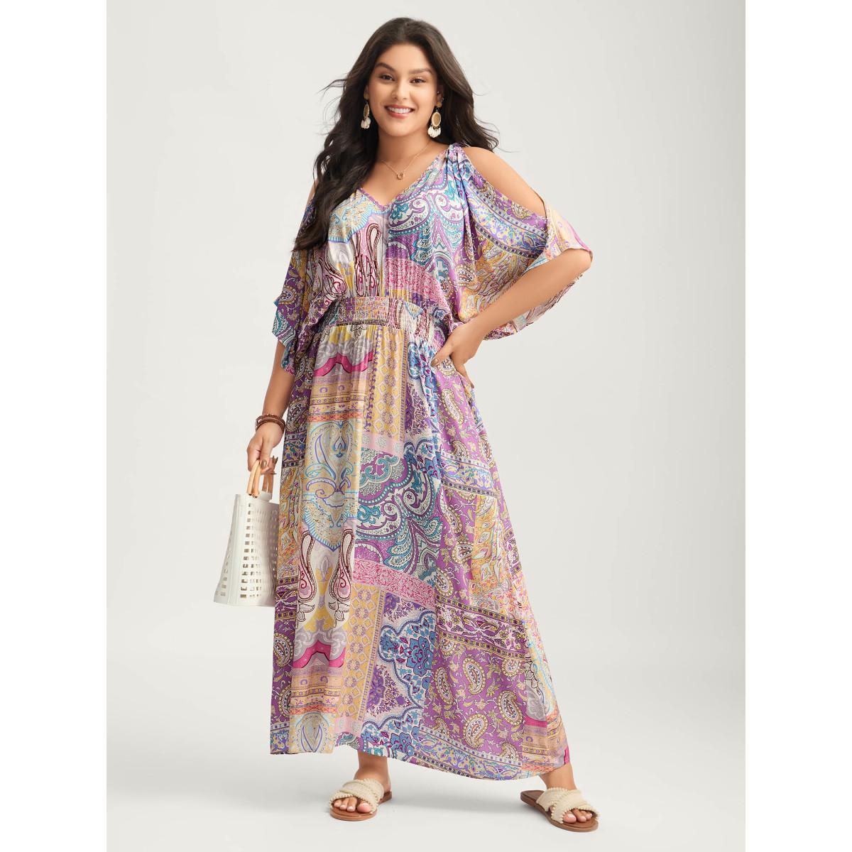 Plus Size Boho Collage Off-Shoulder Maxi Dress Multicolor Women Deep V-neck Short sleeve Curvy BloomChic 10/M Product Image