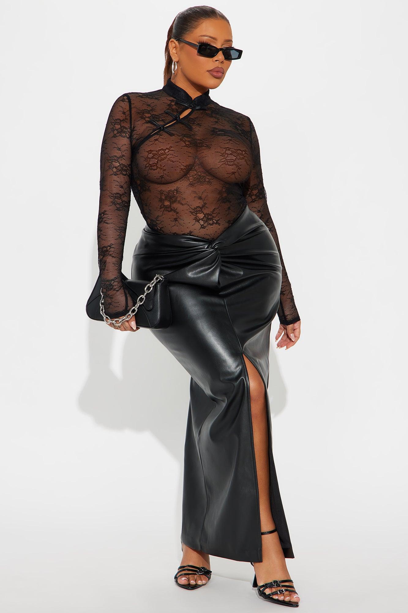 Under The Lights Sheer Lace Long Sleeve Bodysuit - Black Product Image