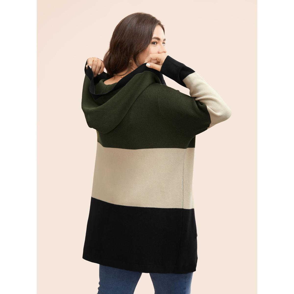 Plus Size Colorblock Contrast Patched Pocket Hooded Cardigan Browncoffeecolor Women Casual Loose Long Sleeve Everyday Cardigans BloomChic 26/4X Product Image