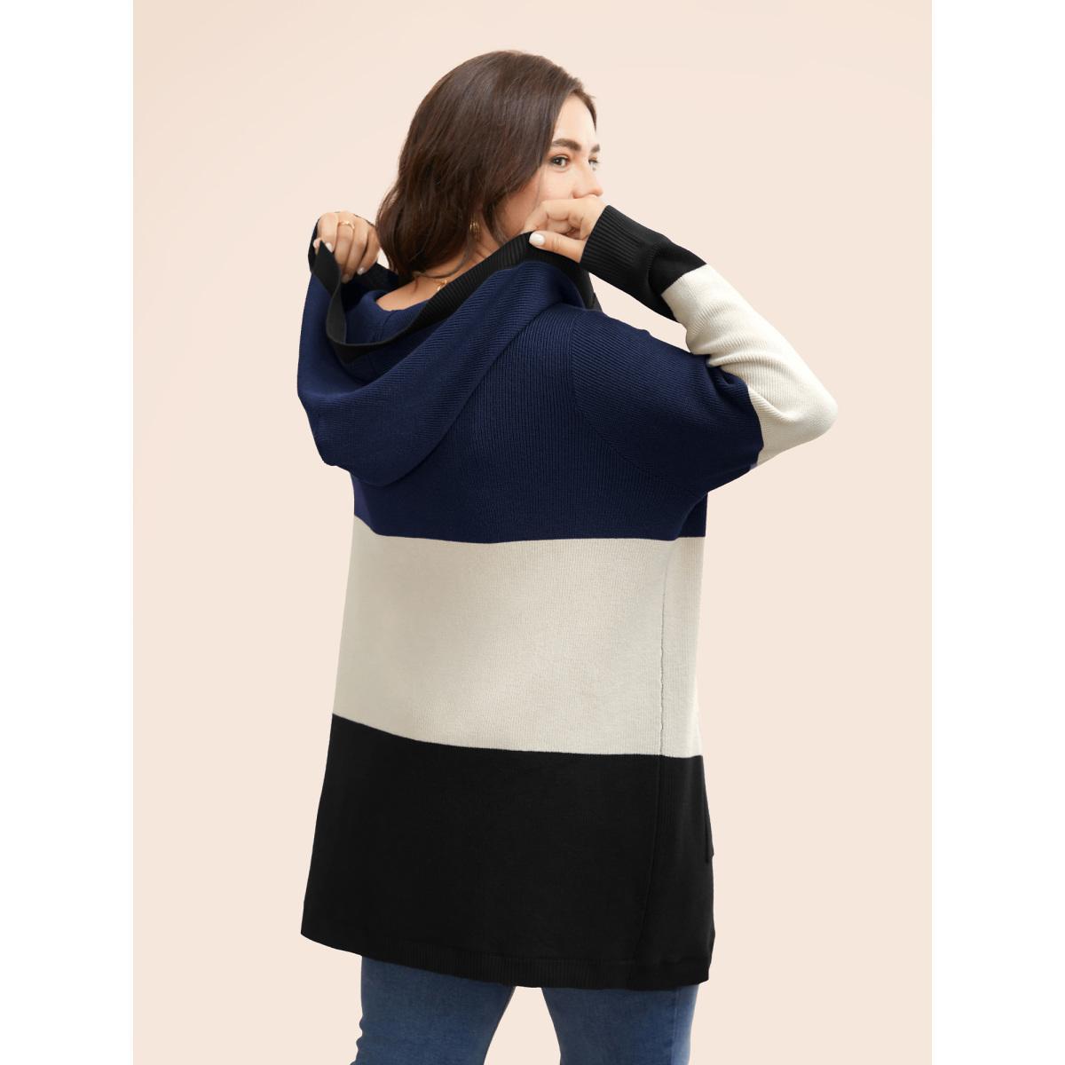 Plus Size Colorblock Contrast Patched Pocket Hooded Cardigan Navy Women Casual Loose Long Sleeve Everyday Cardigans BloomChic 12/L Product Image