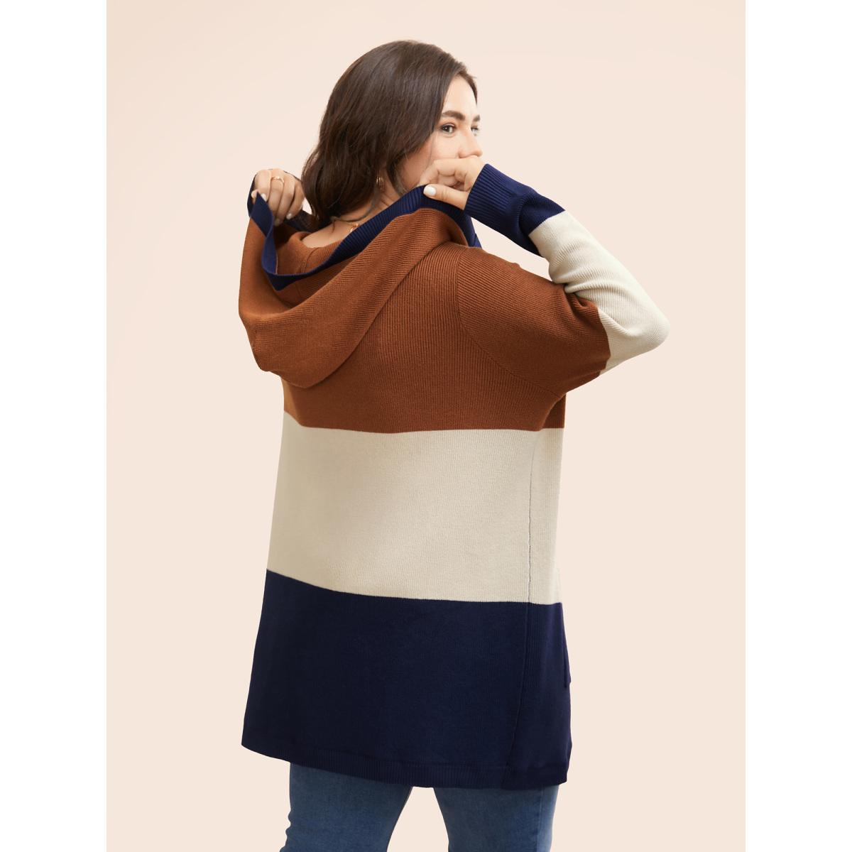 Plus Size Colorblock Contrast Patched Pocket Hooded Cardigan Browncoffeecolor Women Casual Loose Long Sleeve Everyday Cardigans BloomChic 26/4X Product Image