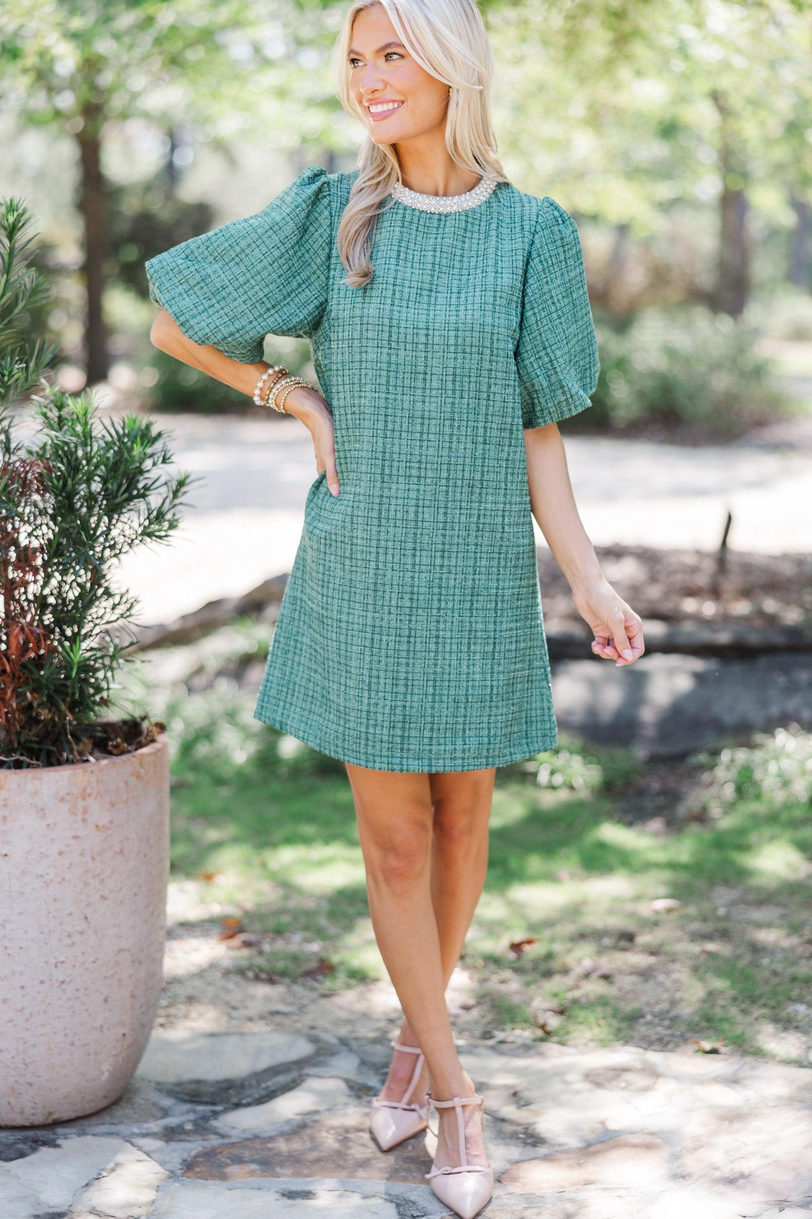 Calling On You Green Shift Tweed Dress Female Product Image
