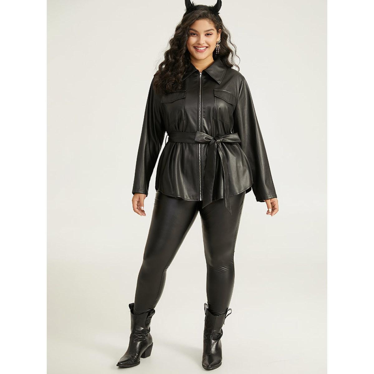 Plus Size Plain PU Leather Knot Pocket Zipper Belted Jacket Women Black Plain Pocket Belt Dailywear Jackets BloomChic 28/5X Product Image