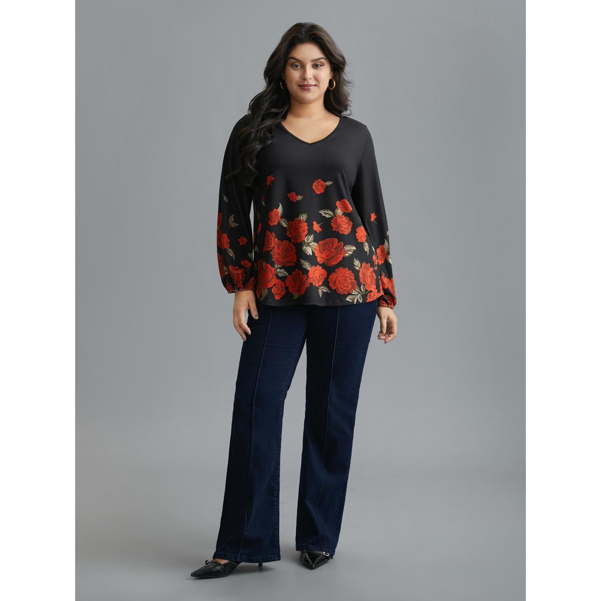 Plus Size Floral Hem V-Neck Stretchy T-shirt Black Women Elegant Contrast Natural Flowers V-neck Everyday T-shirts BloomChic 18-20/2X Product Image