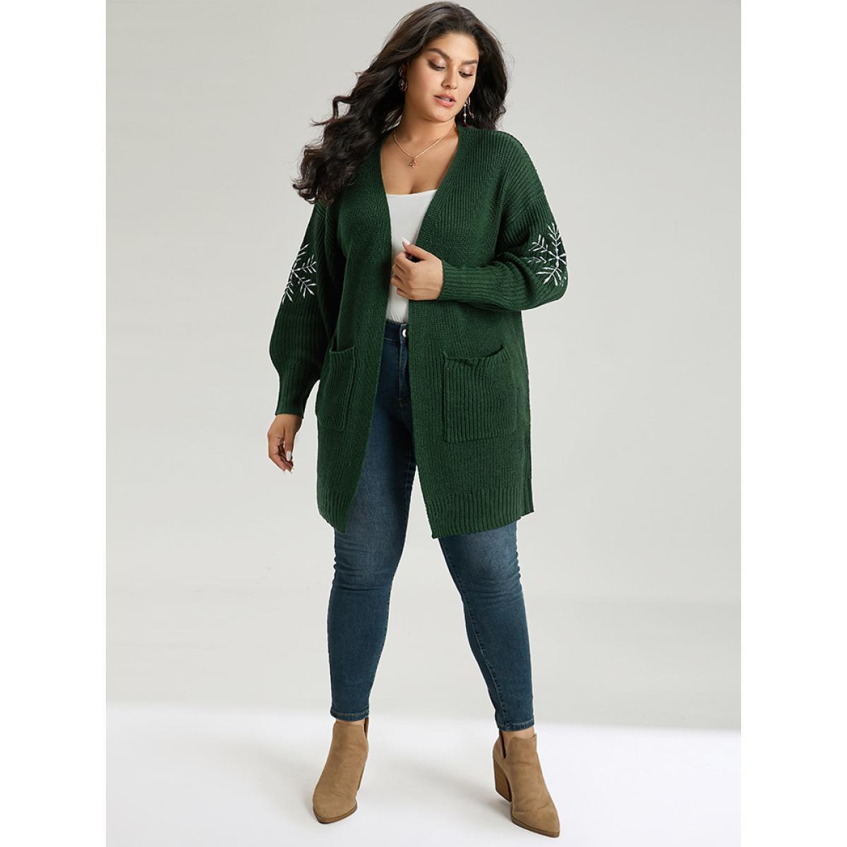Plus Size Snowflake Embroidered Patched Pocket Cardigan DarkGreen Women Casual Loose Long Sleeve Festival-Christmas Cardigans BloomChic 10/M Product Image
