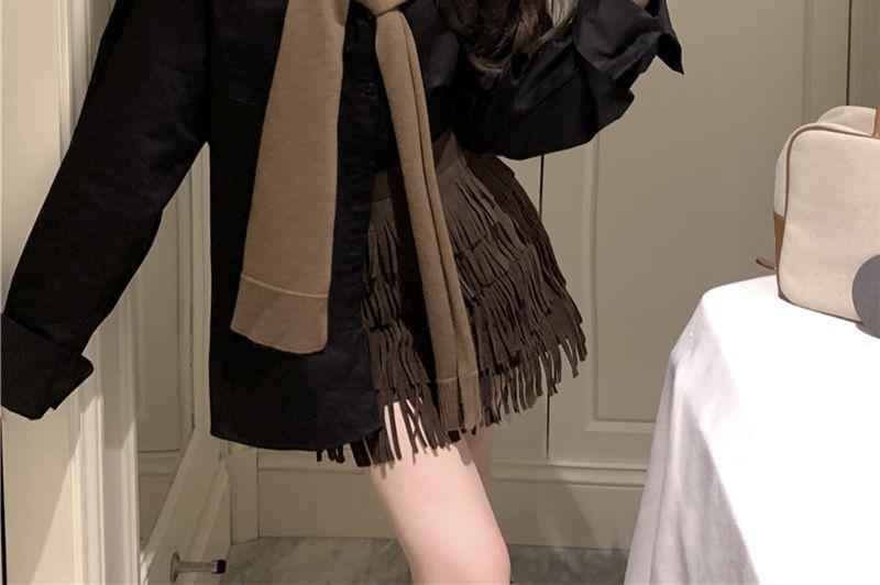 Overfit Plain Shirt / Faux-Suede Fringed Mini Skirt / Knit Shawl Product Image