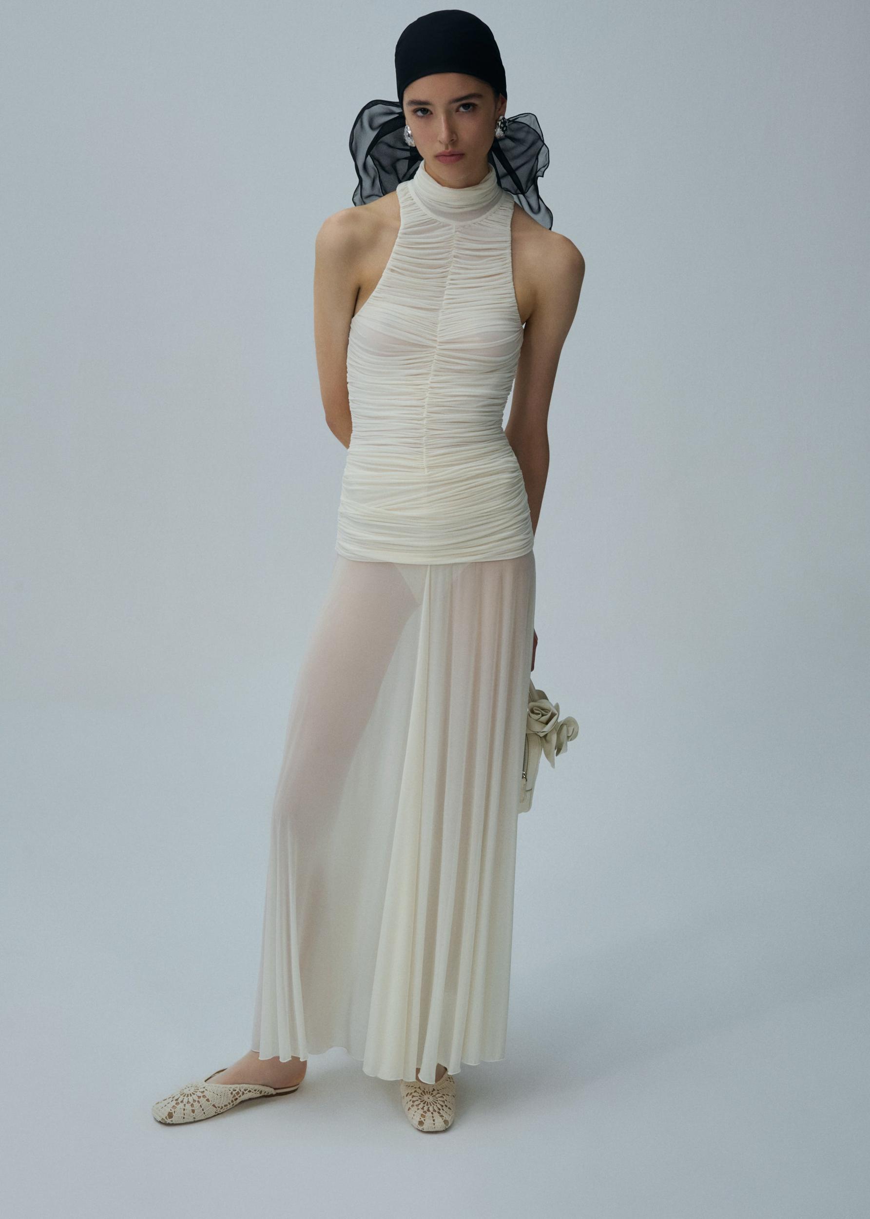 Ruched high neck midi dress in white Product Image