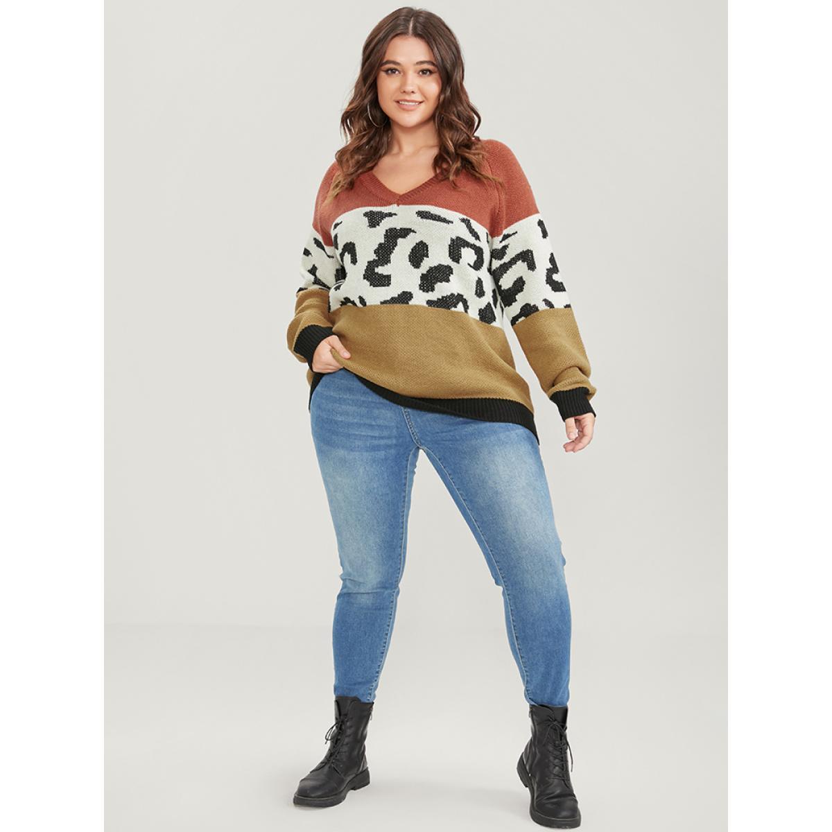 Plus Size Leopard Colorblock Contrast Pointelle Knit V Neck Knit Top Multicolor Women Casual Loose Long Sleeve V-neck Dailywear Pullovers BloomChic 10/M Product Image
