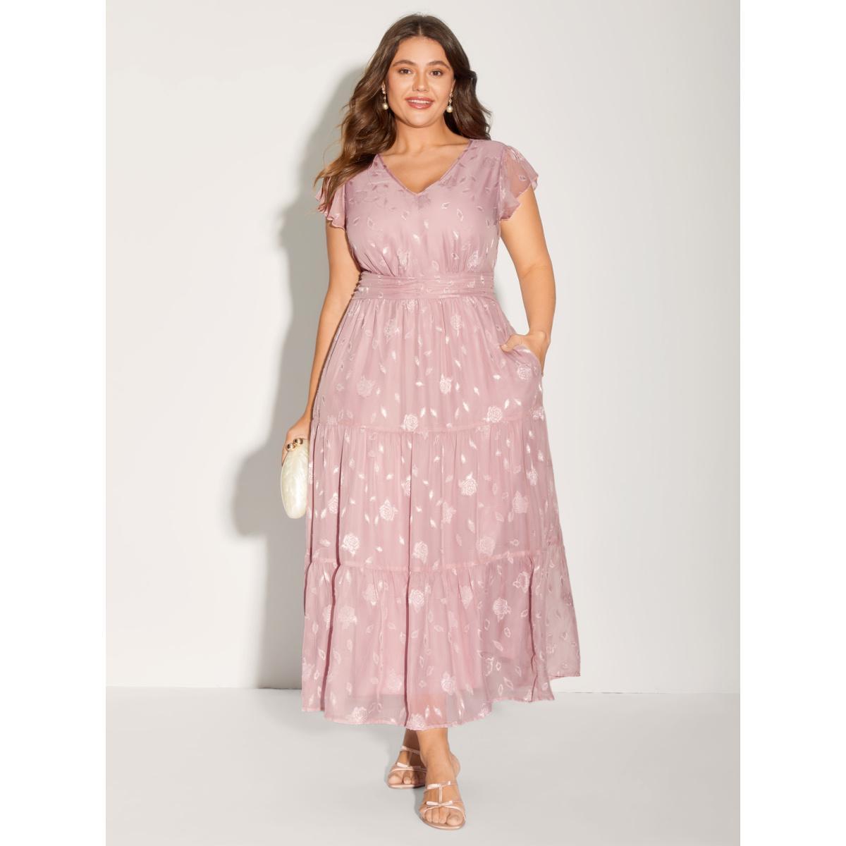 Plus Size Sweet Petals Pleated Waist Tiered Midi Dress Beanpastepowder Women V-neck Cap Sleeve Curvy BloomChic 22-24/3X Product Image