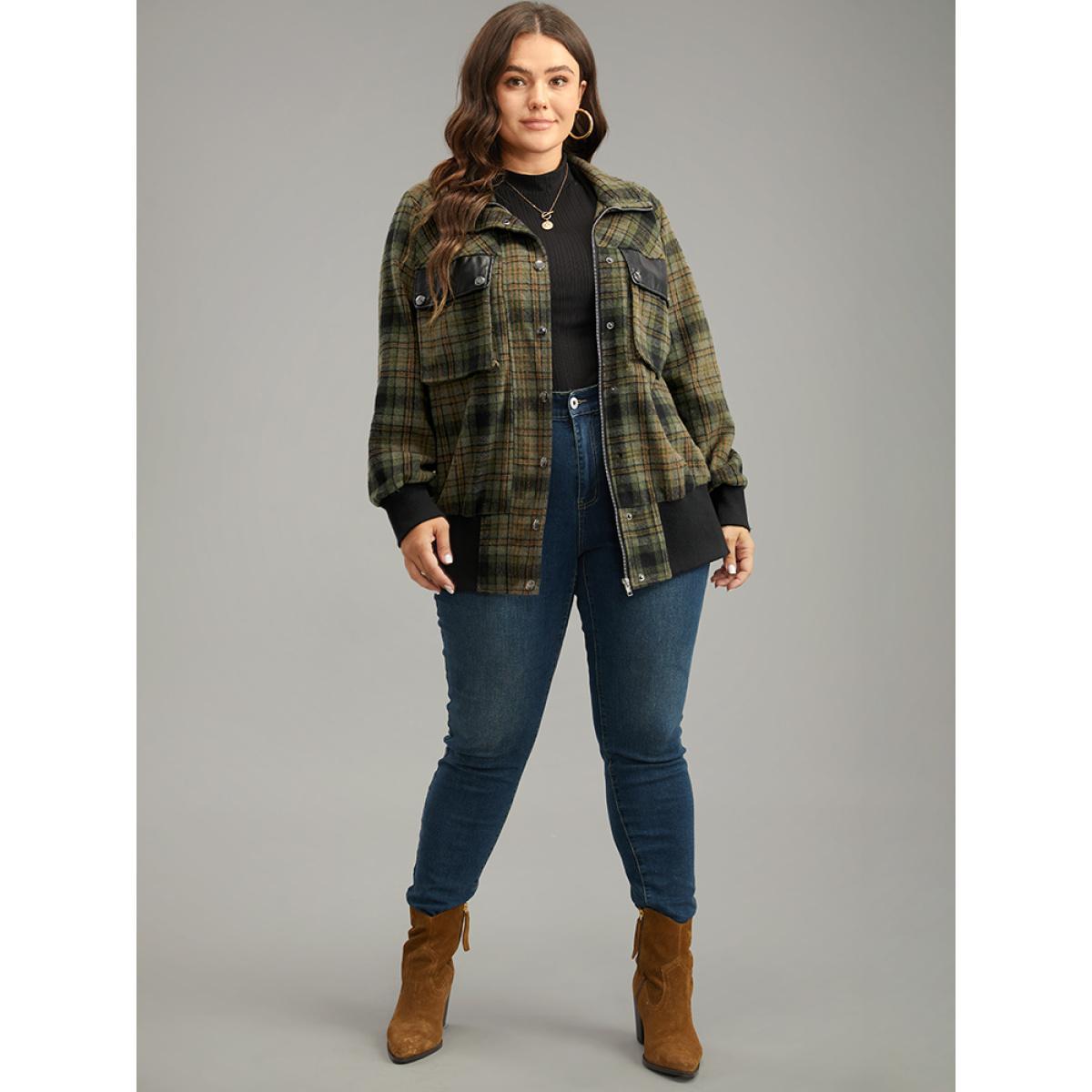 Plus Size Plaid Flap Pocket Zipper Fly Jacket Women Multicolor Elastic cuffs Pocket Dailywear Jackets BloomChic 18-20/2X Product Image