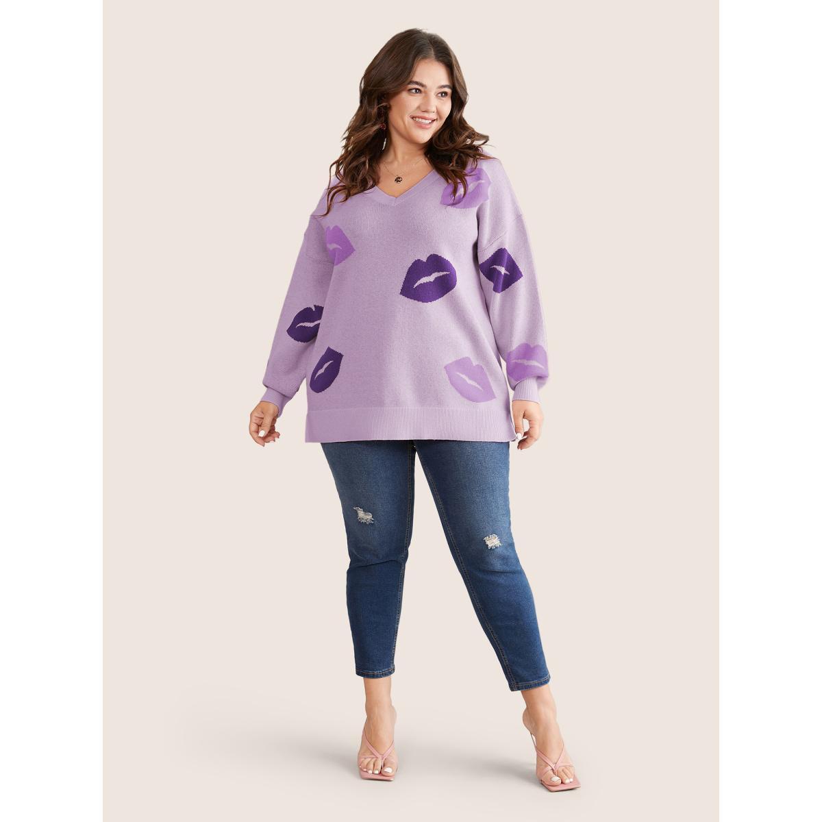 Plus Size Supersoft Essentials Lip Print Split Side Pullover Lilac Women Casual Long Sleeve V-neck Everyday Pullovers BloomChic 30/6X Product Image