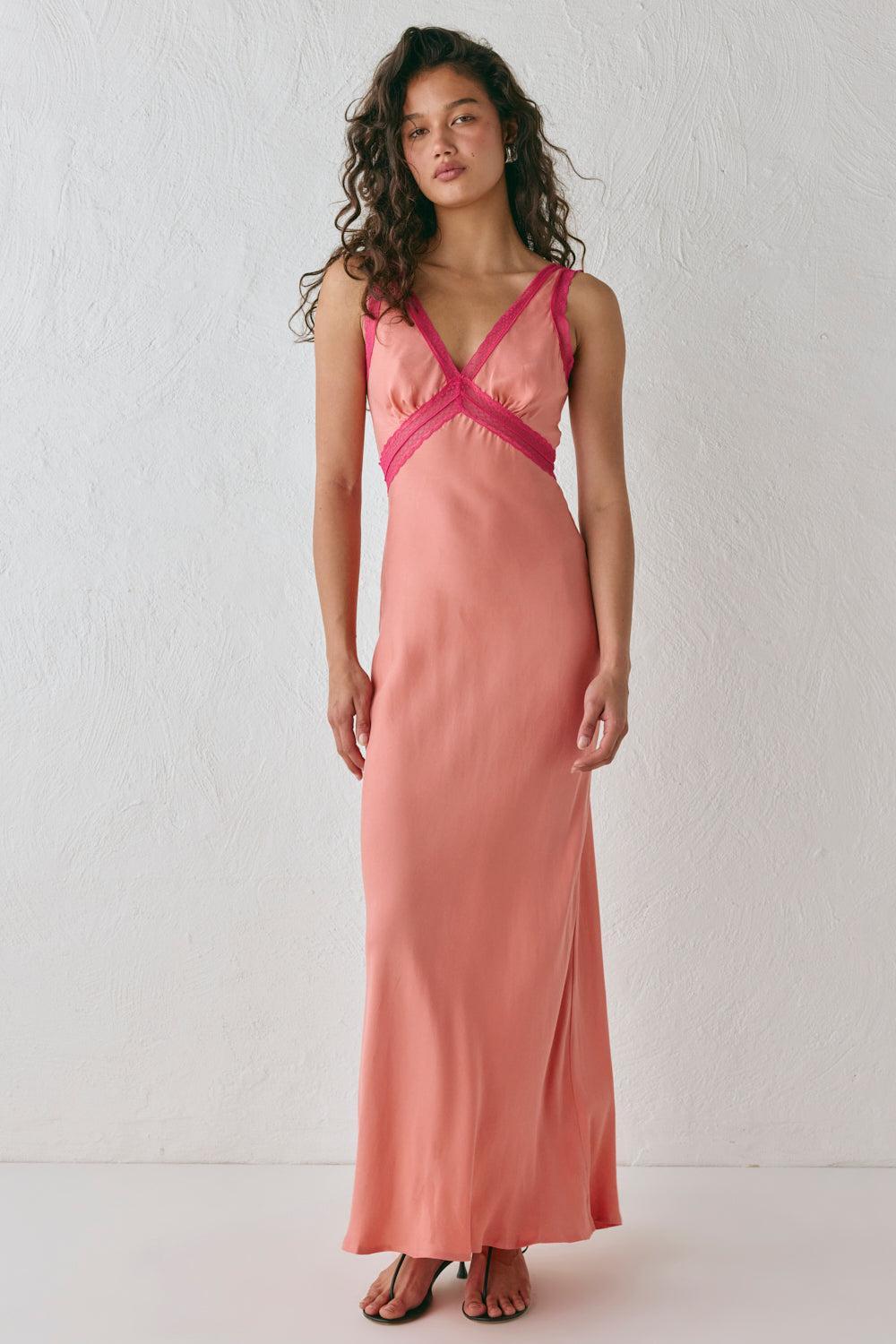 Meet Me On The Dance Floor Bias Cut Maxi Dress Coral Product Image