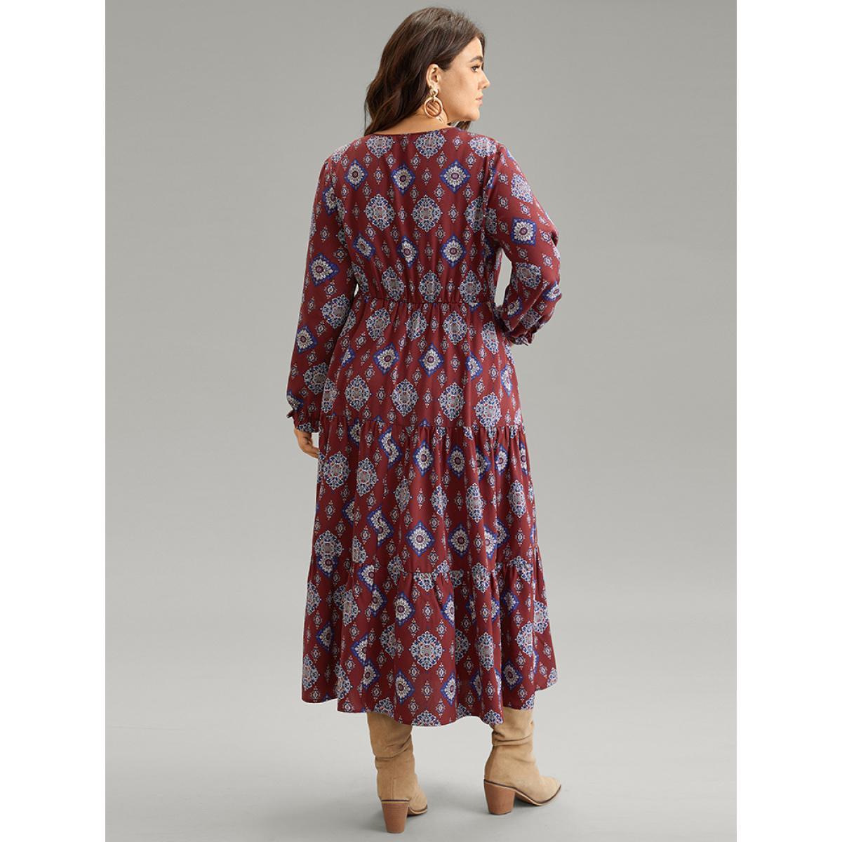 Plus Size Boho Print Knot Neck Pocket Lantern Sleeve Dress Scarlet Women Vacation Cross straps Tie Neck Long Sleeve Curvy Midi Dress BloomChic 22-24/3X Product Image