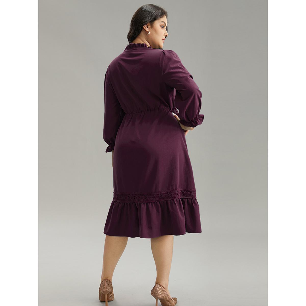 Plus Size Solid Frill Trim Guipure Lace Flutter Sleeve Dress Burgundy Women At the Office Plain Notched collar Long Sleeve Curvy Midi Dress BloomChic 18-20/2X Product Image