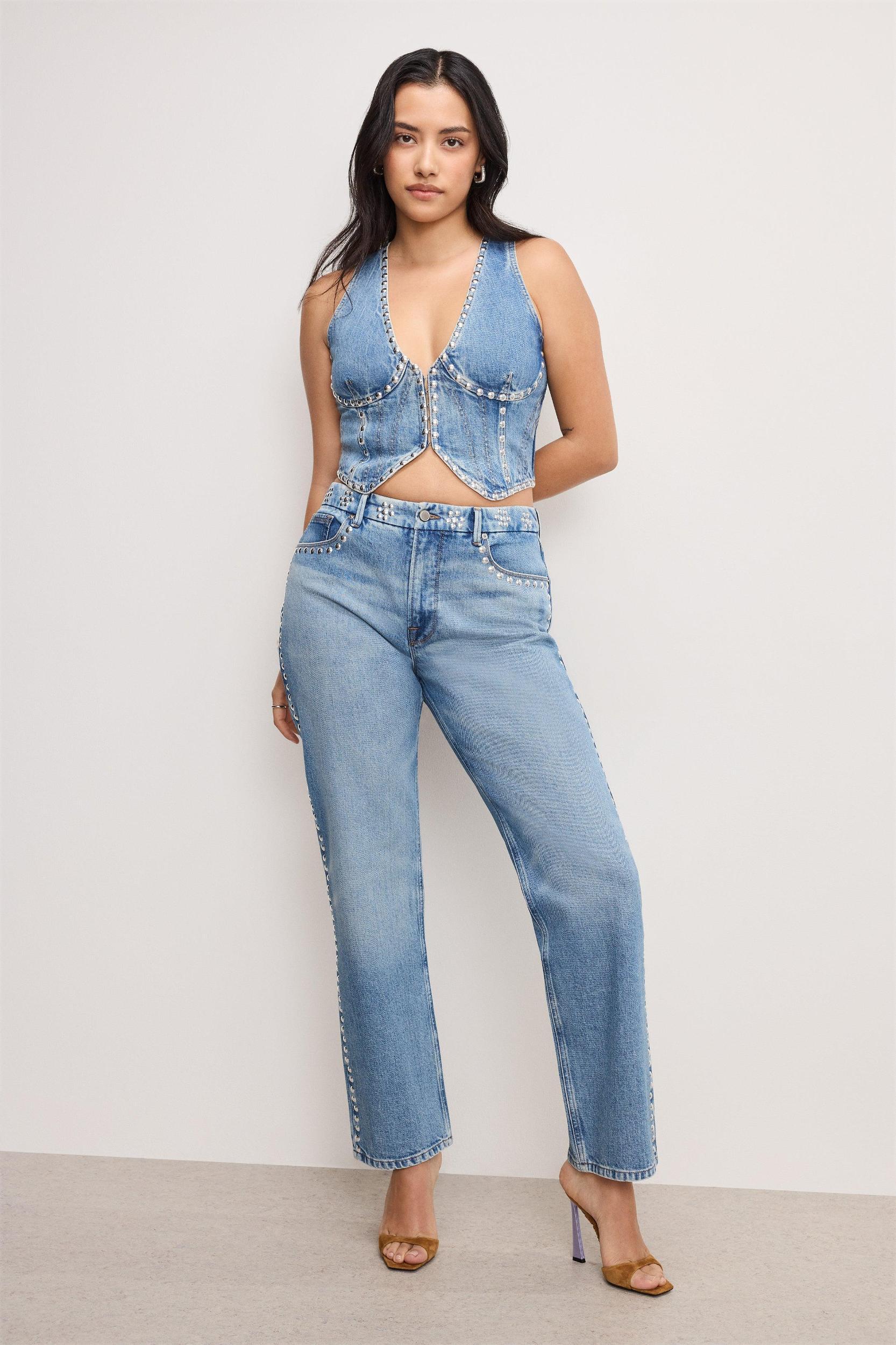 STUDDED DENIM VEST | INDIGO895 Product Image