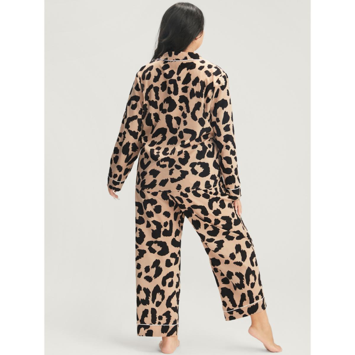 Plus Size Leopard Print Button Up Pocket Pajama Set Women Tan Leopard Patchwork Long Sleeve Shirt collar Casual Loungewear Sets BloomChic 28/5X Product Image