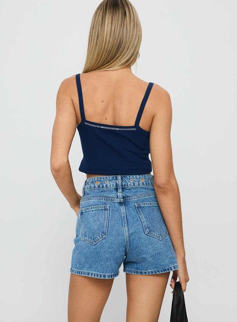 Tropicana Denim Eyelet Detail Shorts Mid Blue Product Image